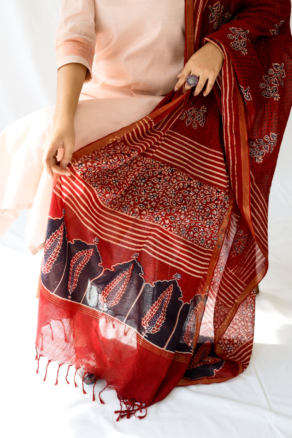 Madder Red Pine Florals Ajrakh Cotton Dupatta