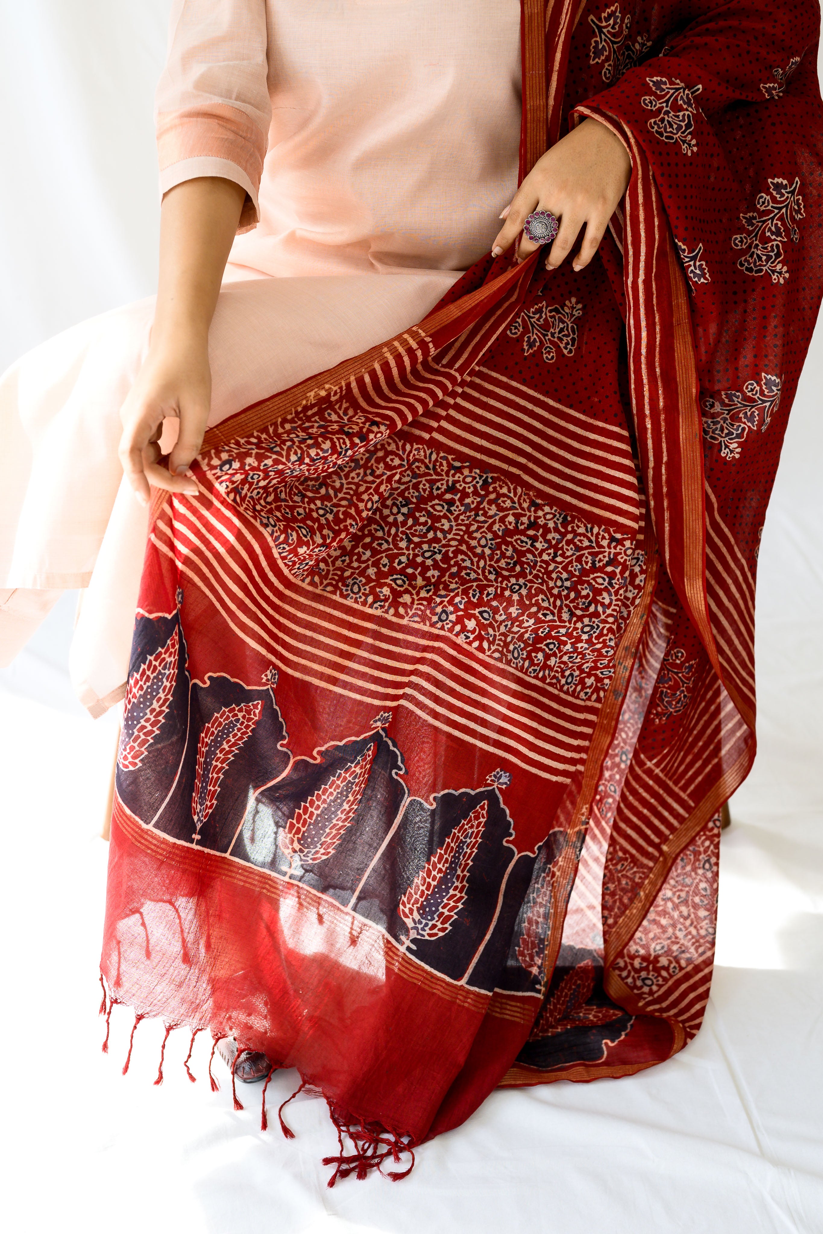 Madder Red Pine Florals Ajrakh Cotton Dupatta