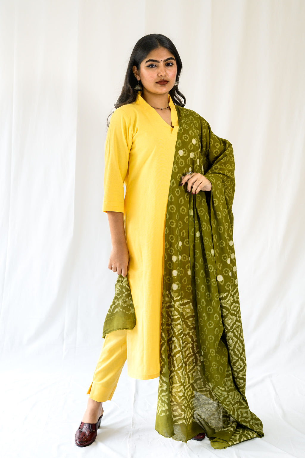 Set of 2- Yellow Cotton Flax Collar Neck Kurta & Pants Set