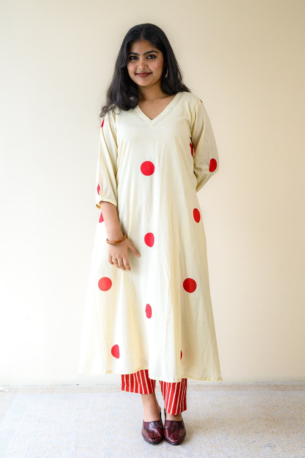 Set of 2- Red Polkas on Cream Kurta & Pants Set