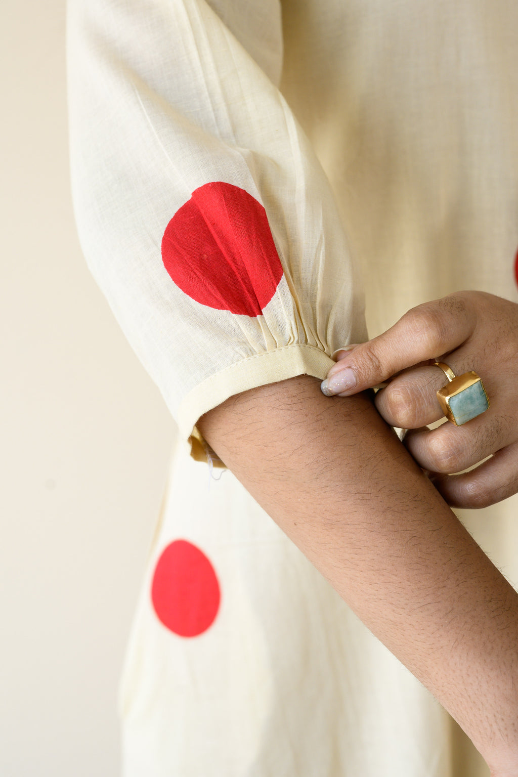 Set of 2- Red Polkas on Cream Kurta & Pants Set