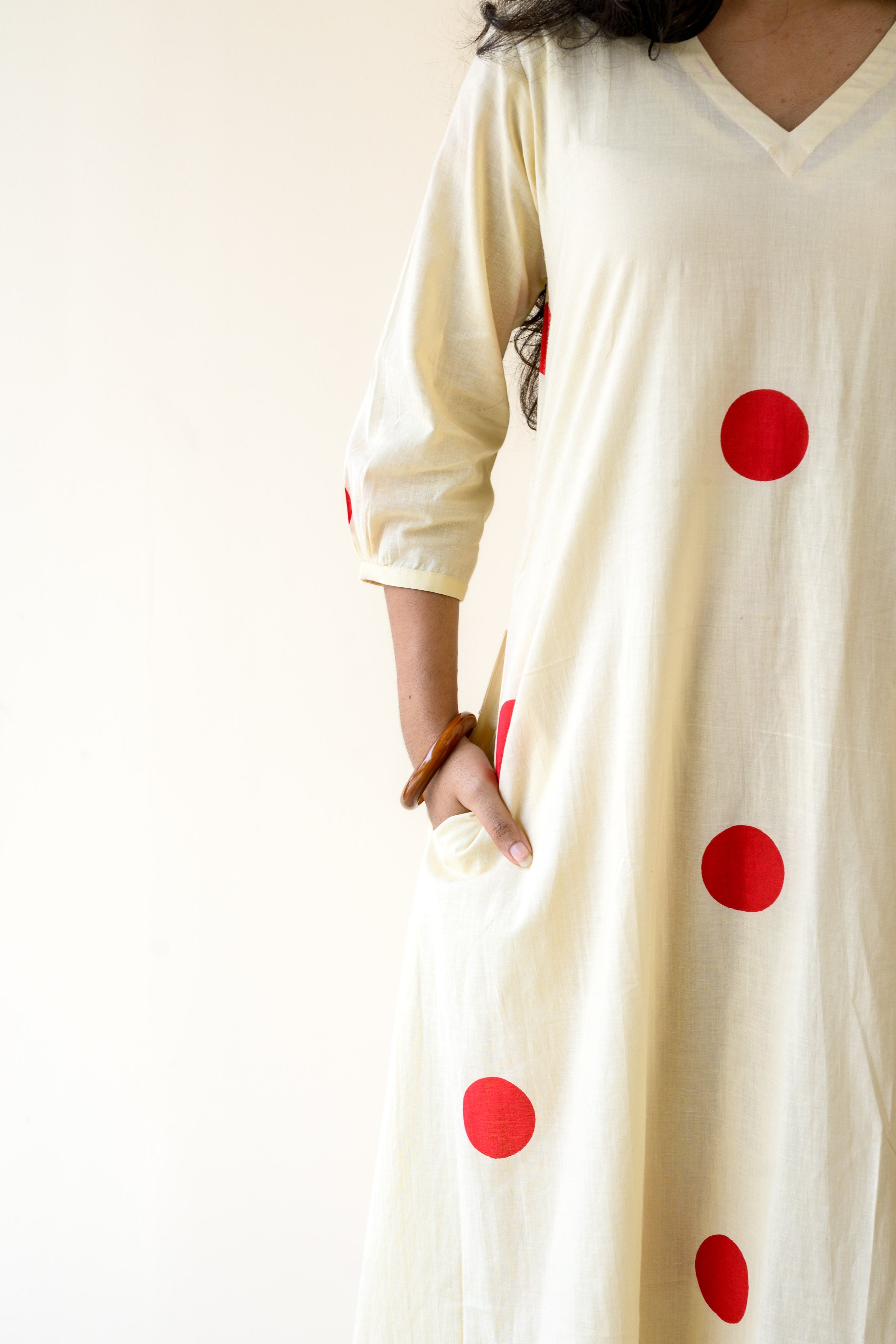 Set of 2- Red Polkas on Cream Kurta & Pants Set