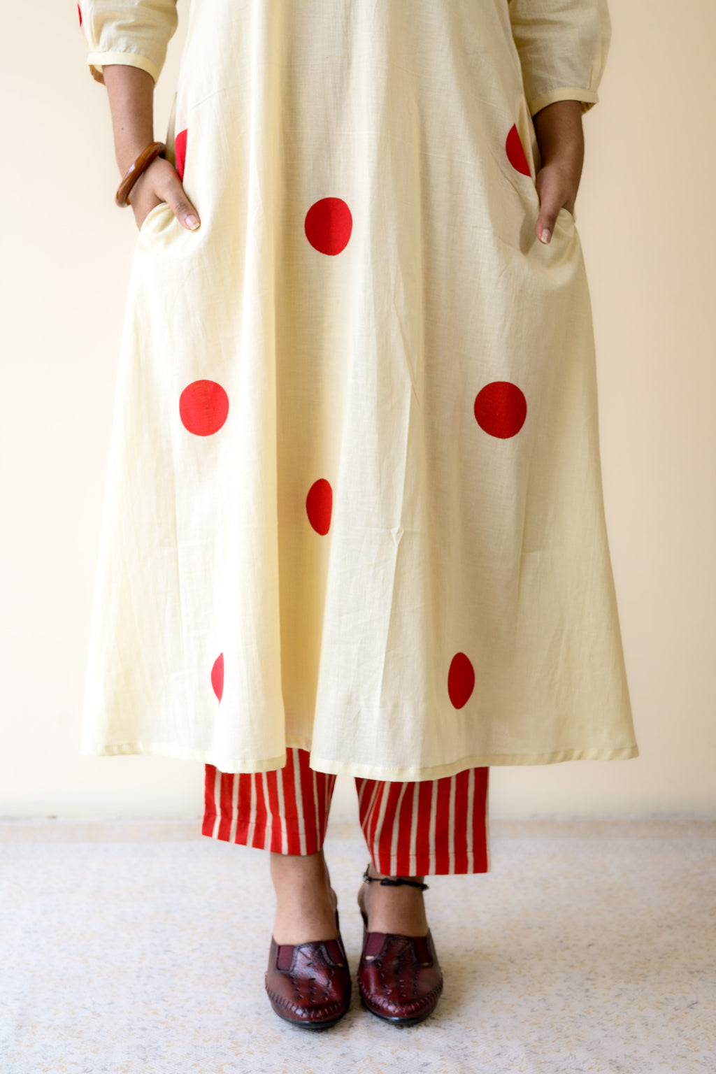 Set of 2- Red Polkas on Cream Kurta & Pants Set