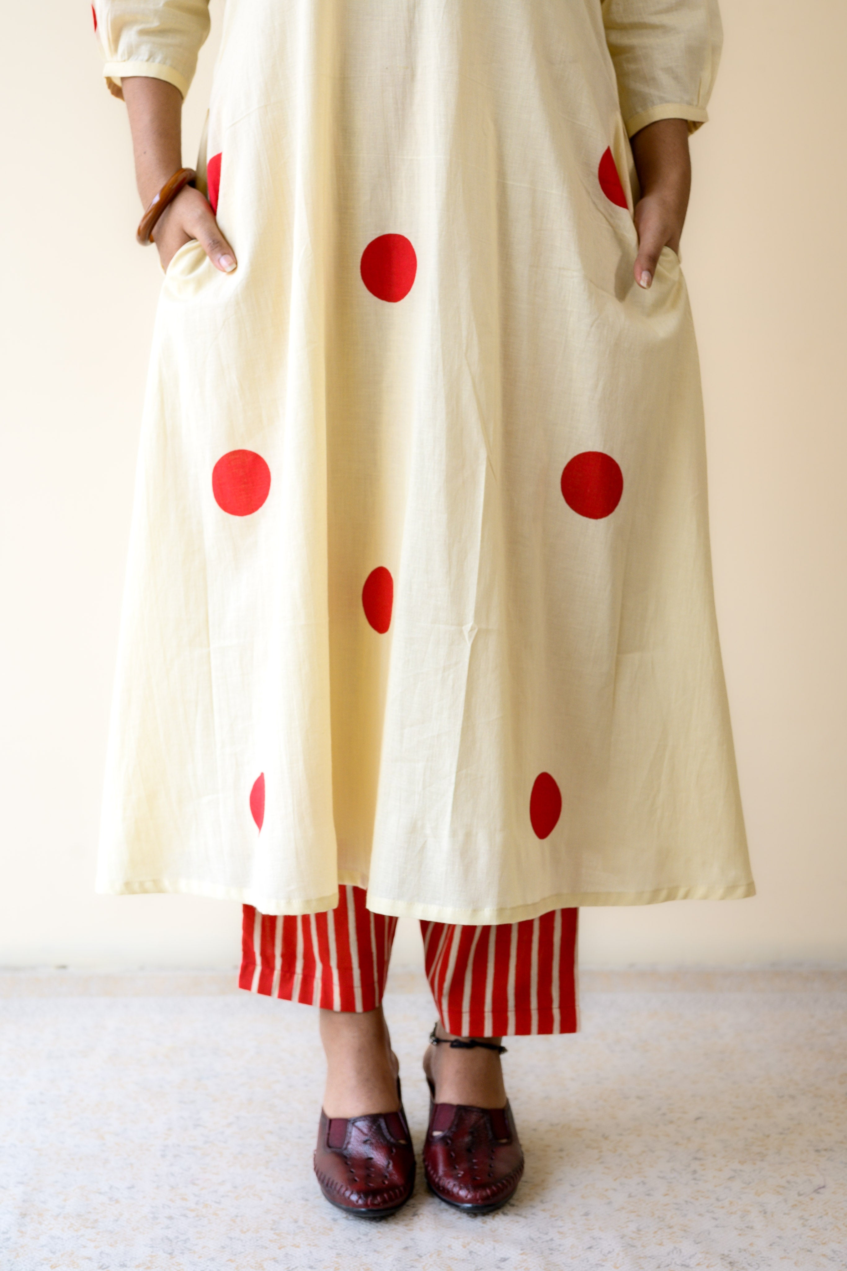 Set of 2- Red Polkas on Cream Kurta & Pants Set