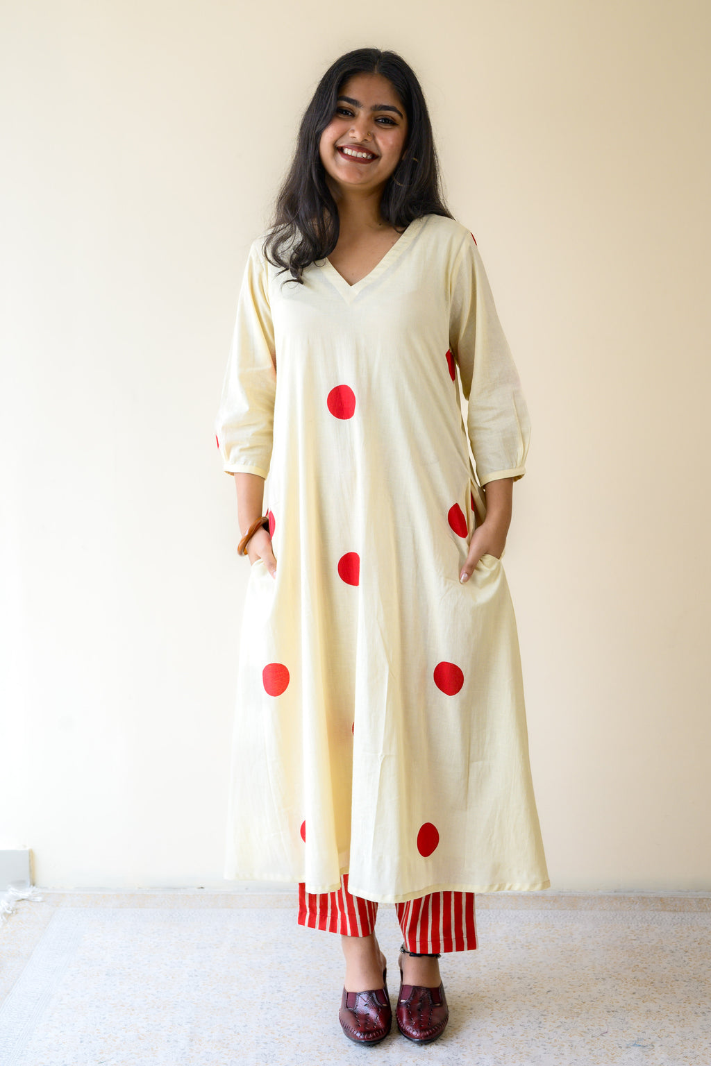 Set of 2- Red Polkas on Cream Kurta & Pants Set