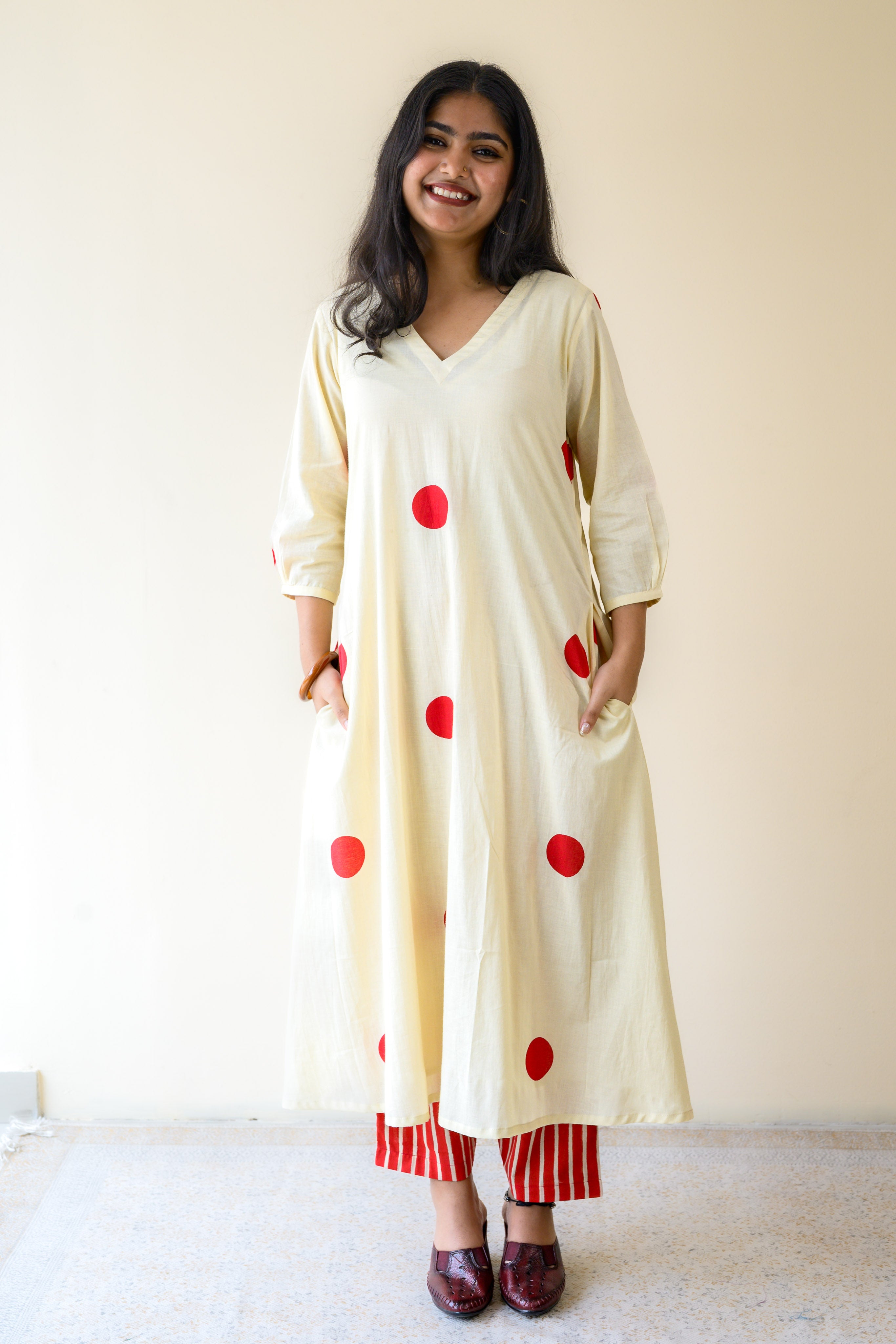 Set of 2- Red Polkas on Cream Kurta & Pants Set