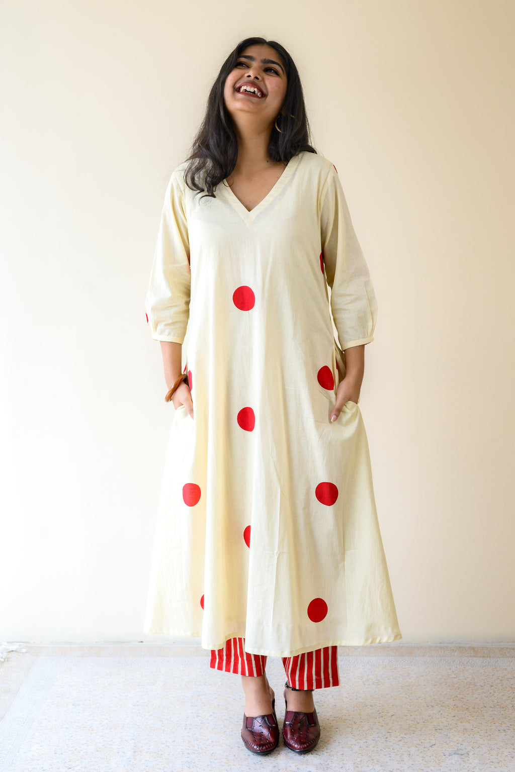 Set of 2- Red Polkas on Cream Kurta & Pants Set