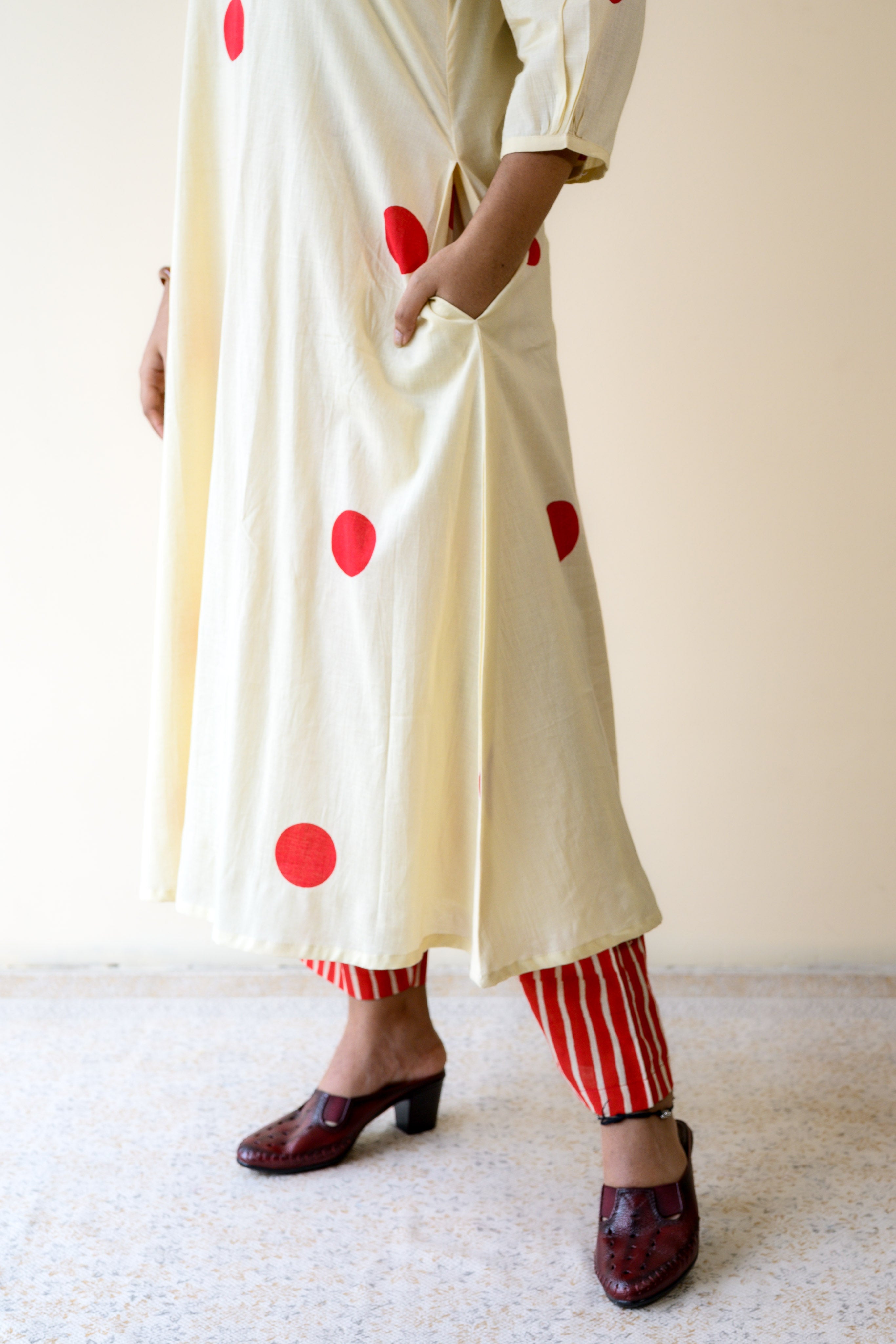 Set of 2- Red Polkas on Cream Kurta & Pants Set