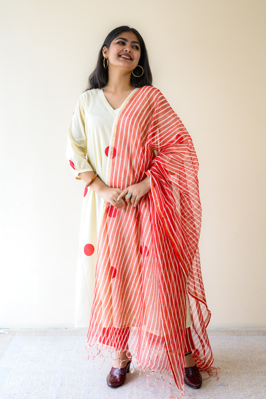 Set of 2- Red Polkas on Cream Kurta & Pants Set