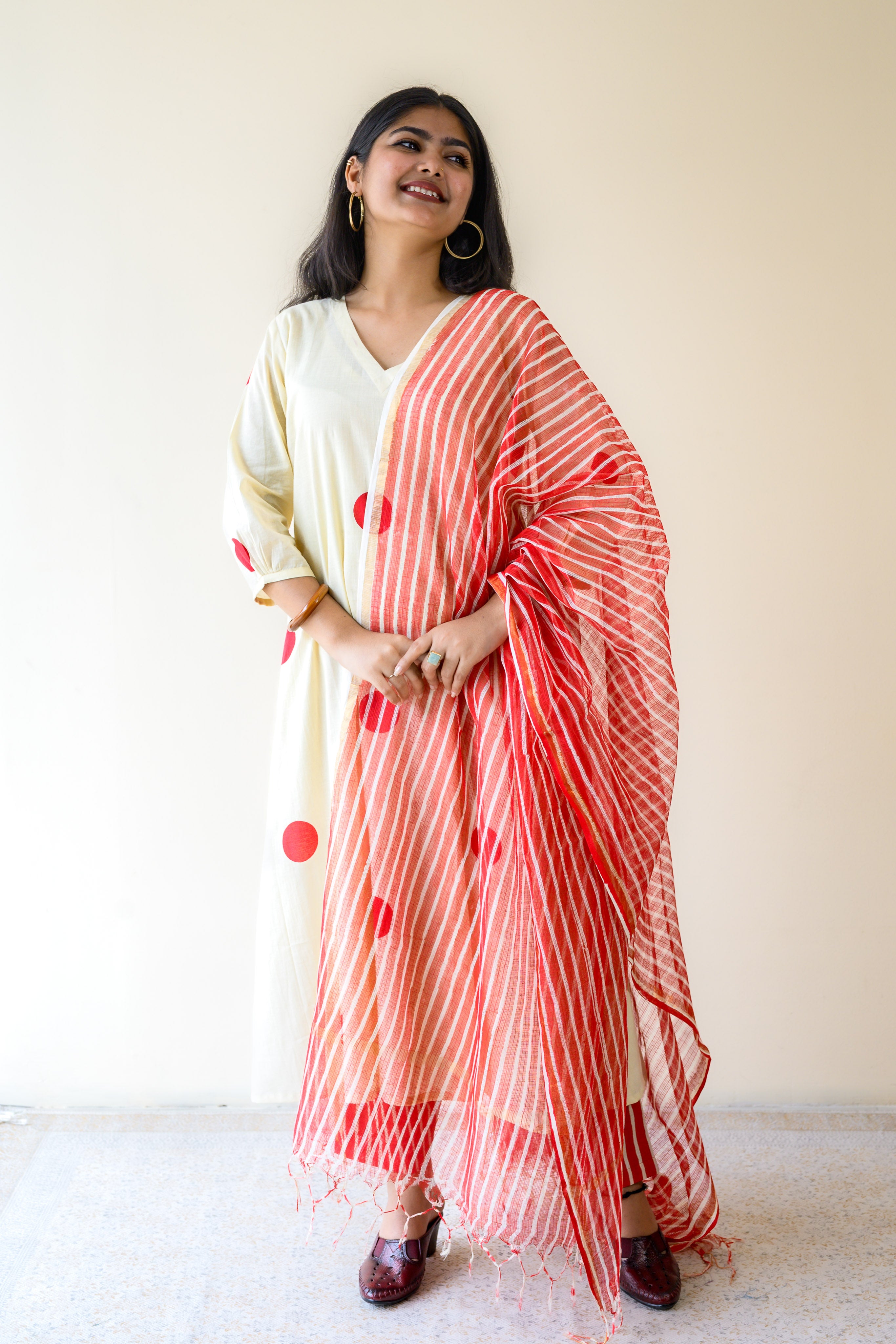 Set of 2- Red Polkas on Cream Kurta & Pants Set