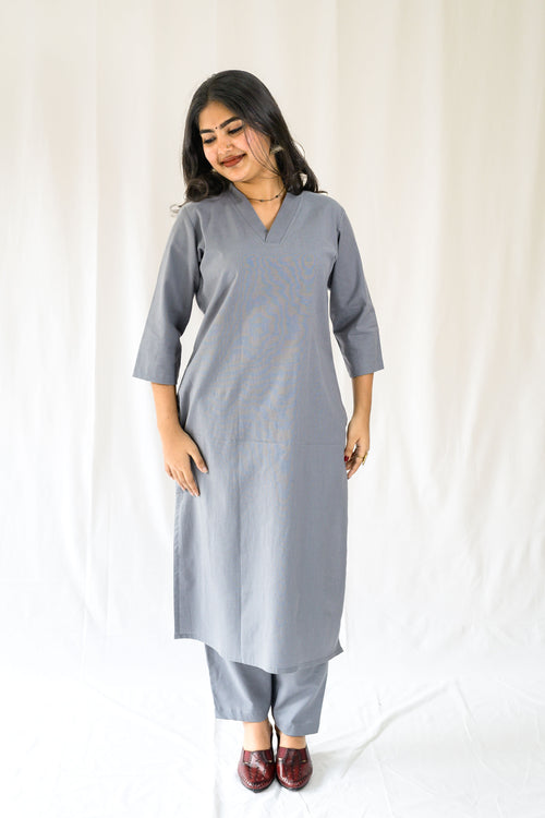 Set of 2- Grey Cotton Flax Collar Neck Kurta & Pants Set