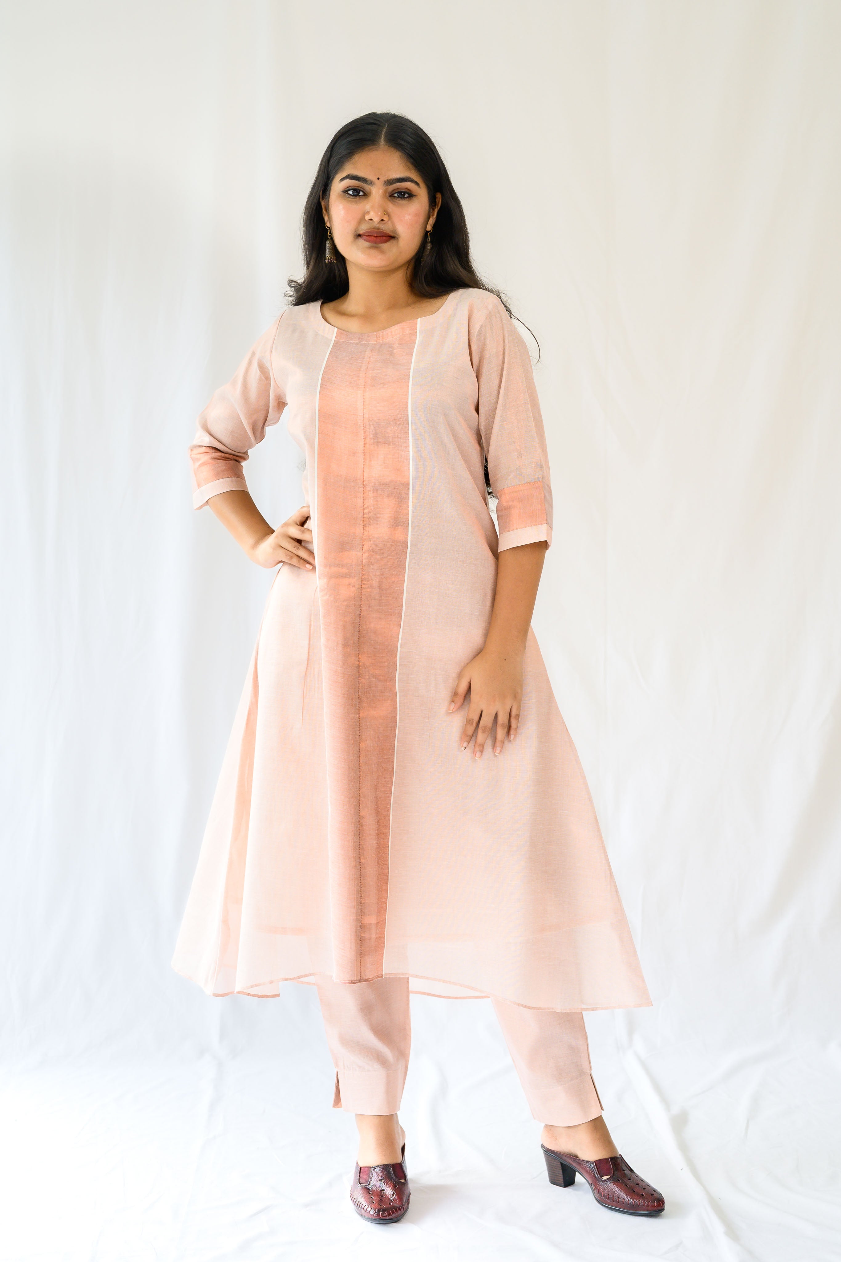 Kasavu Elegance Copper Tissue High Low Kurta