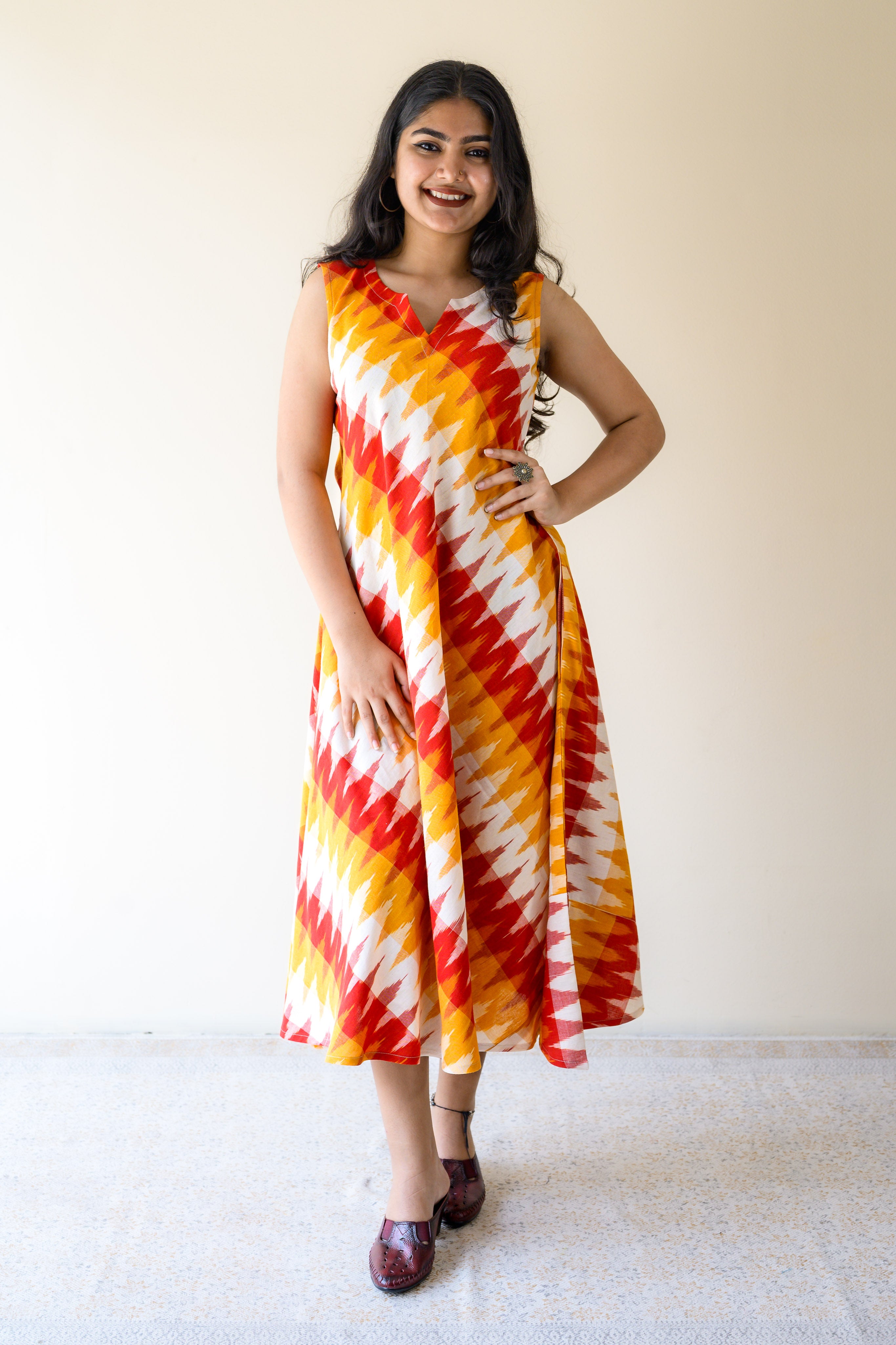 Saffron & Snow Ikkat Cotton Cross Cut Sleeveless Dress- Lobha Deepthis