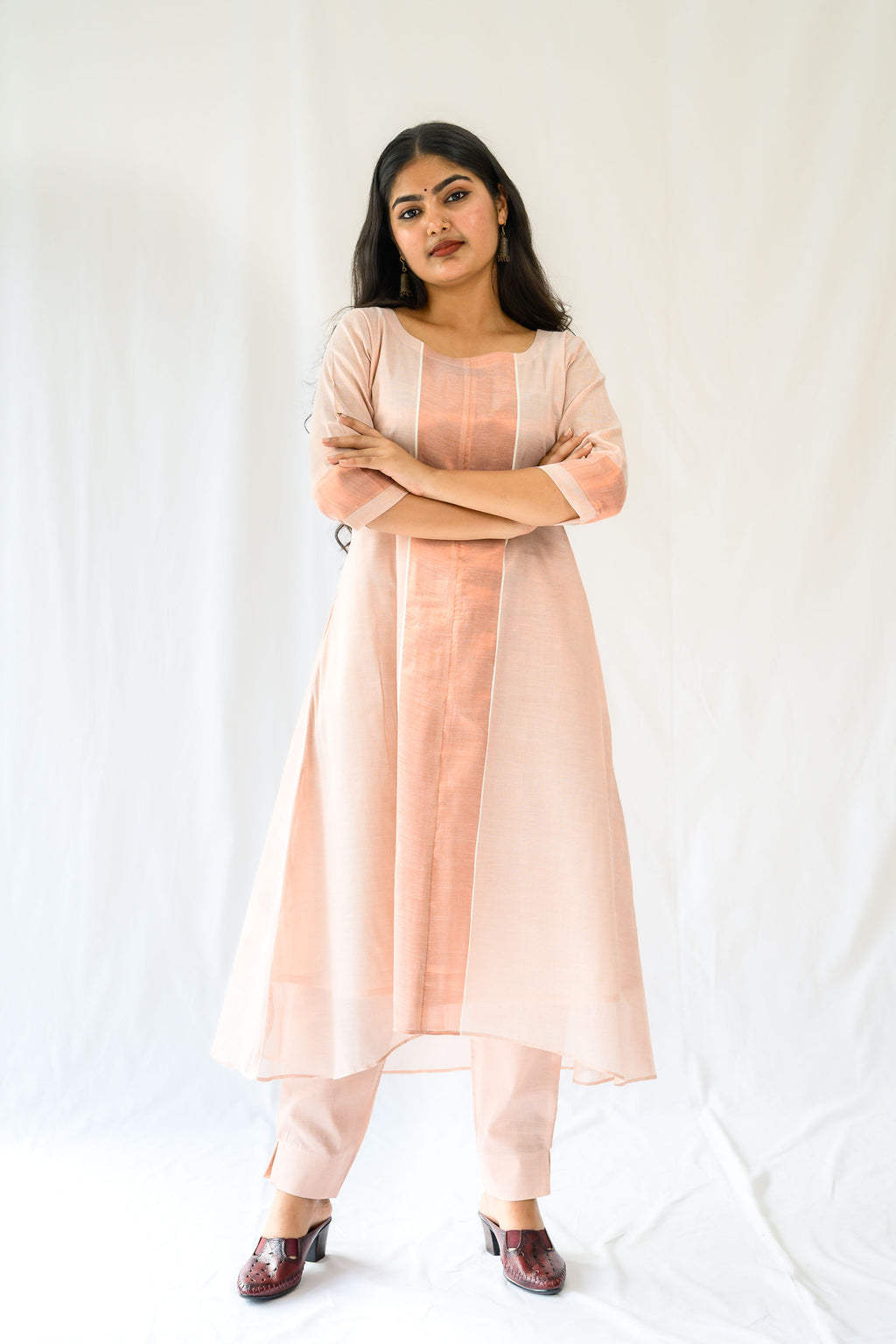Kasavu Elegance Copper Tissue High Low Kurta