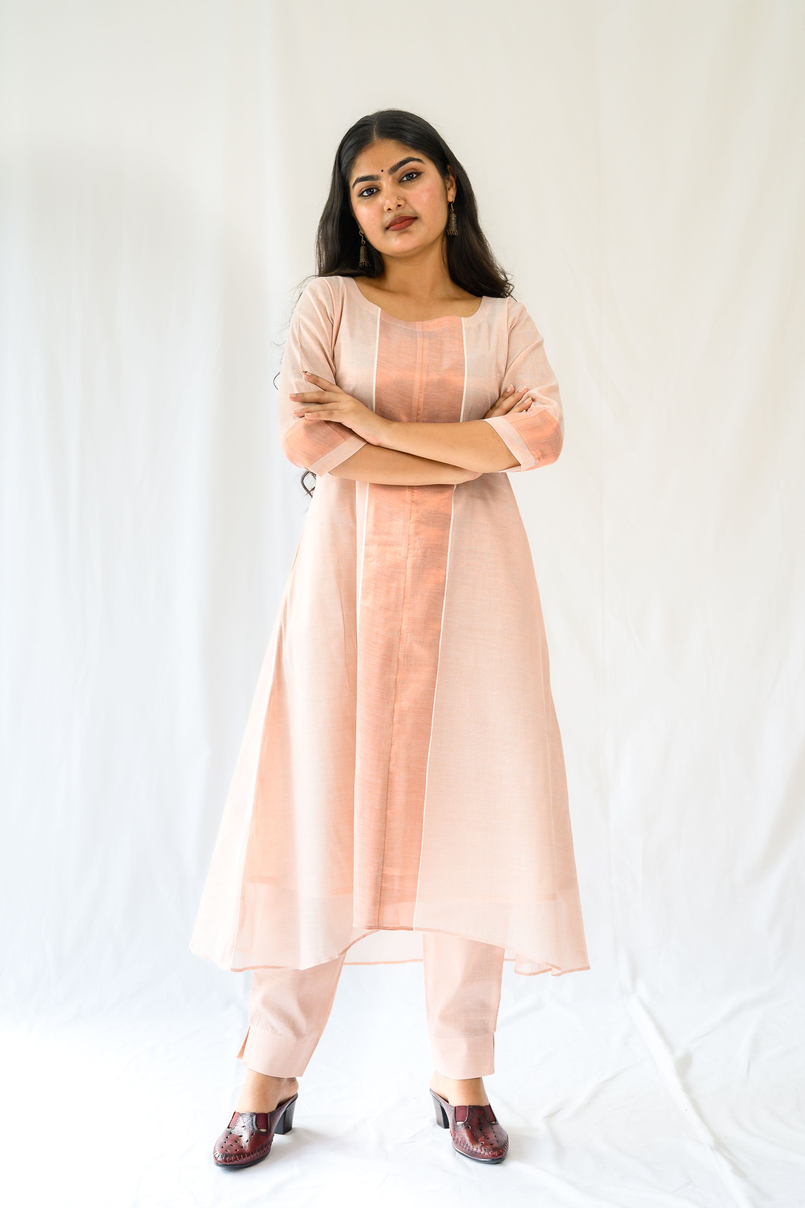 Kasavu Elegance Copper Tissue High Low Kurta