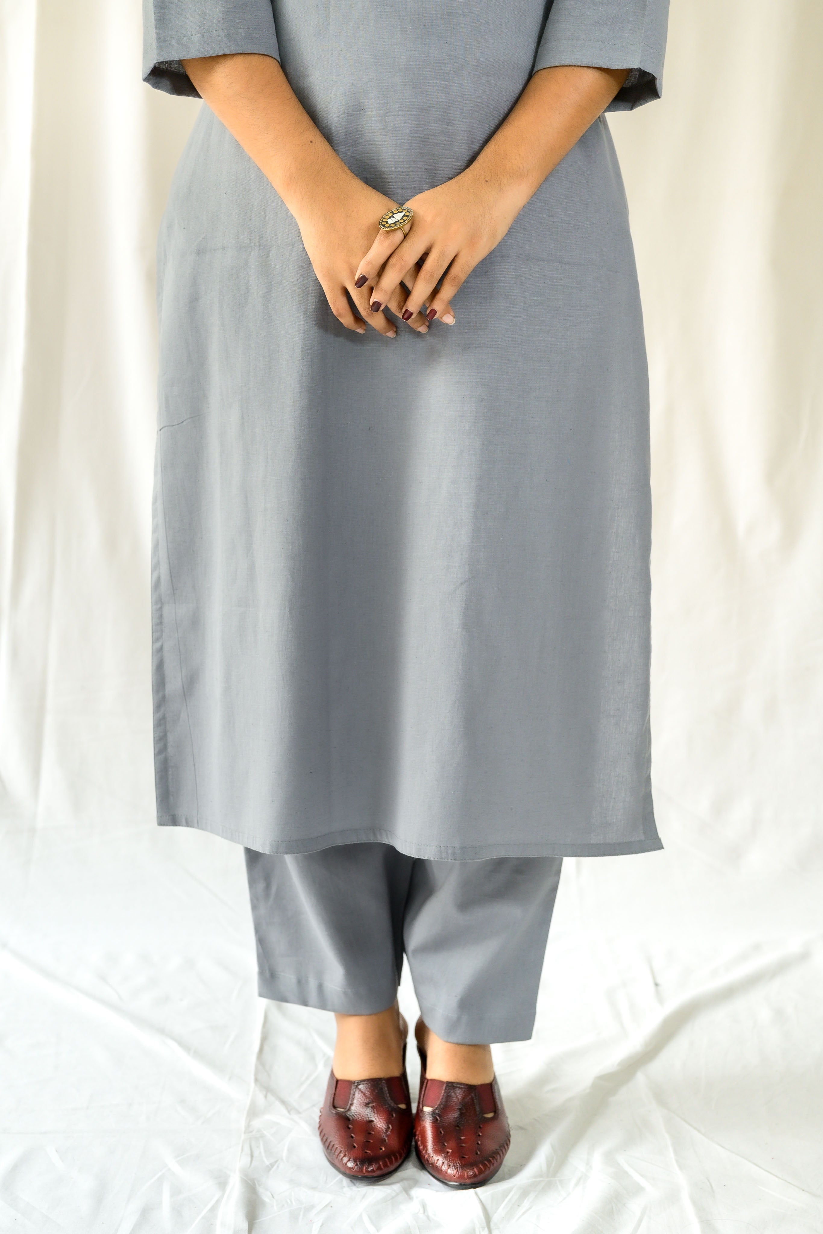 Set of 2- Grey Cotton Flax Collar Neck Kurta & Pants Set