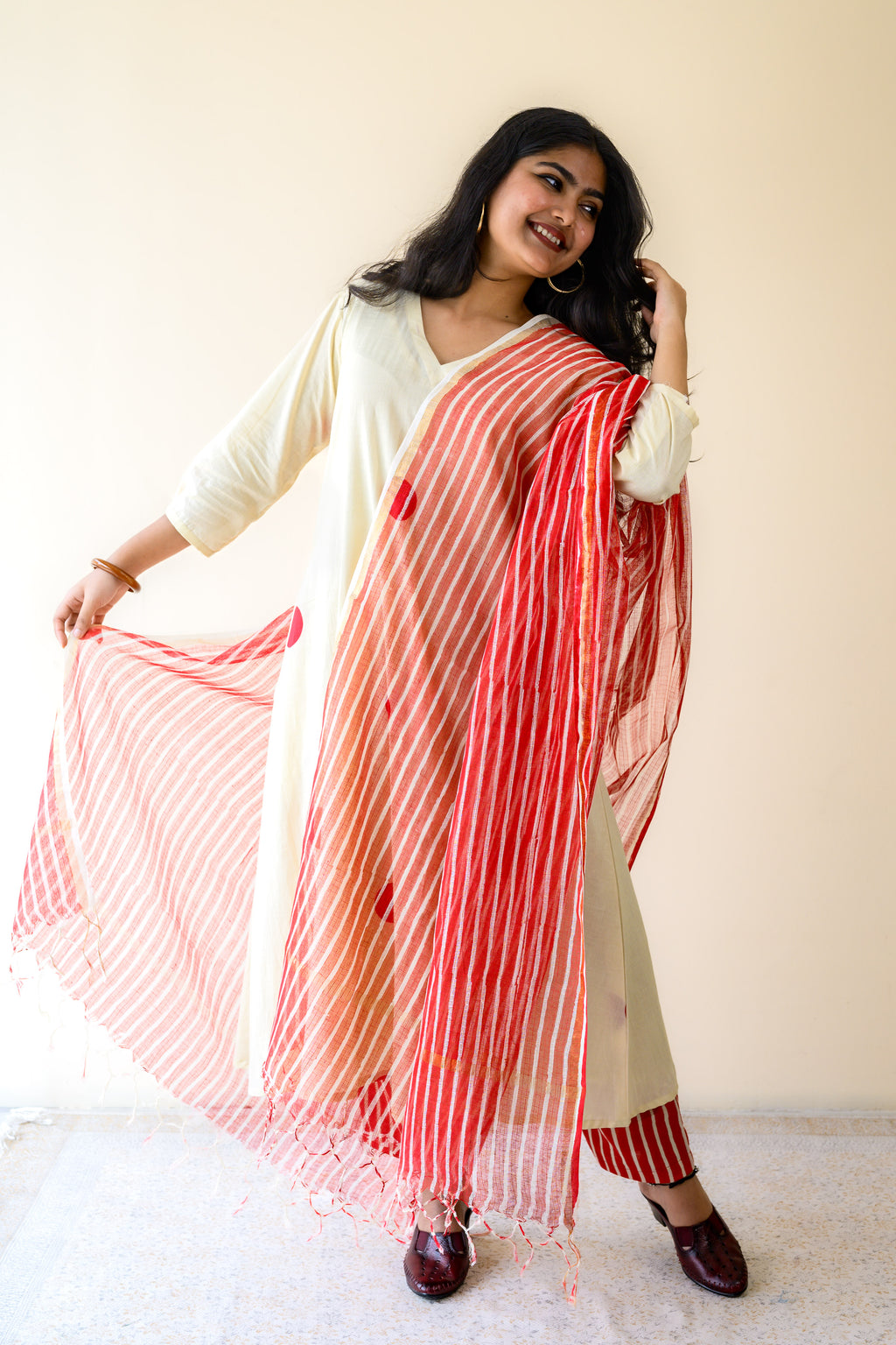 Set of 2- Red Polkas on Cream Kurta & Pants Set