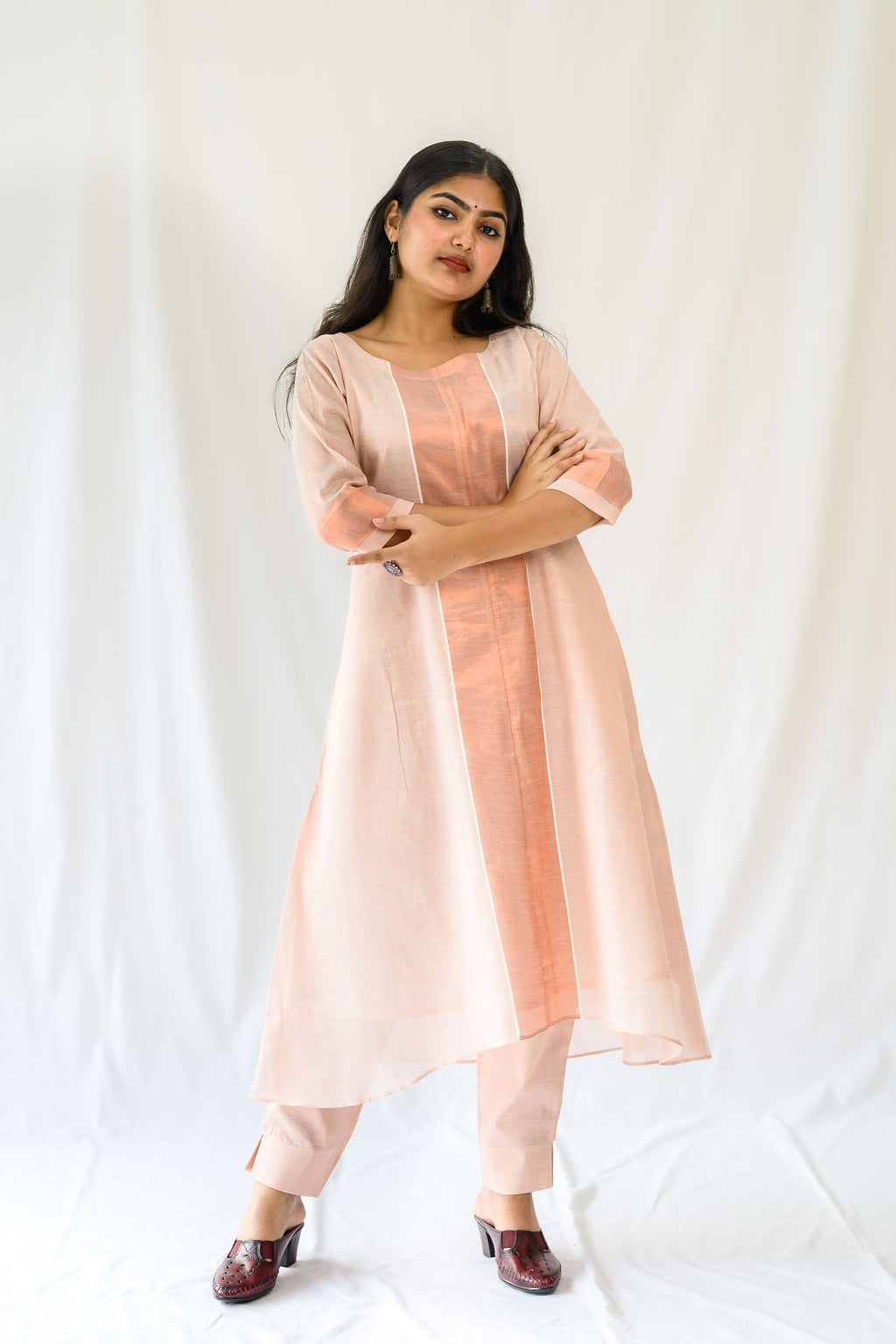 Kasavu Elegance Copper Tissue High Low Kurta
