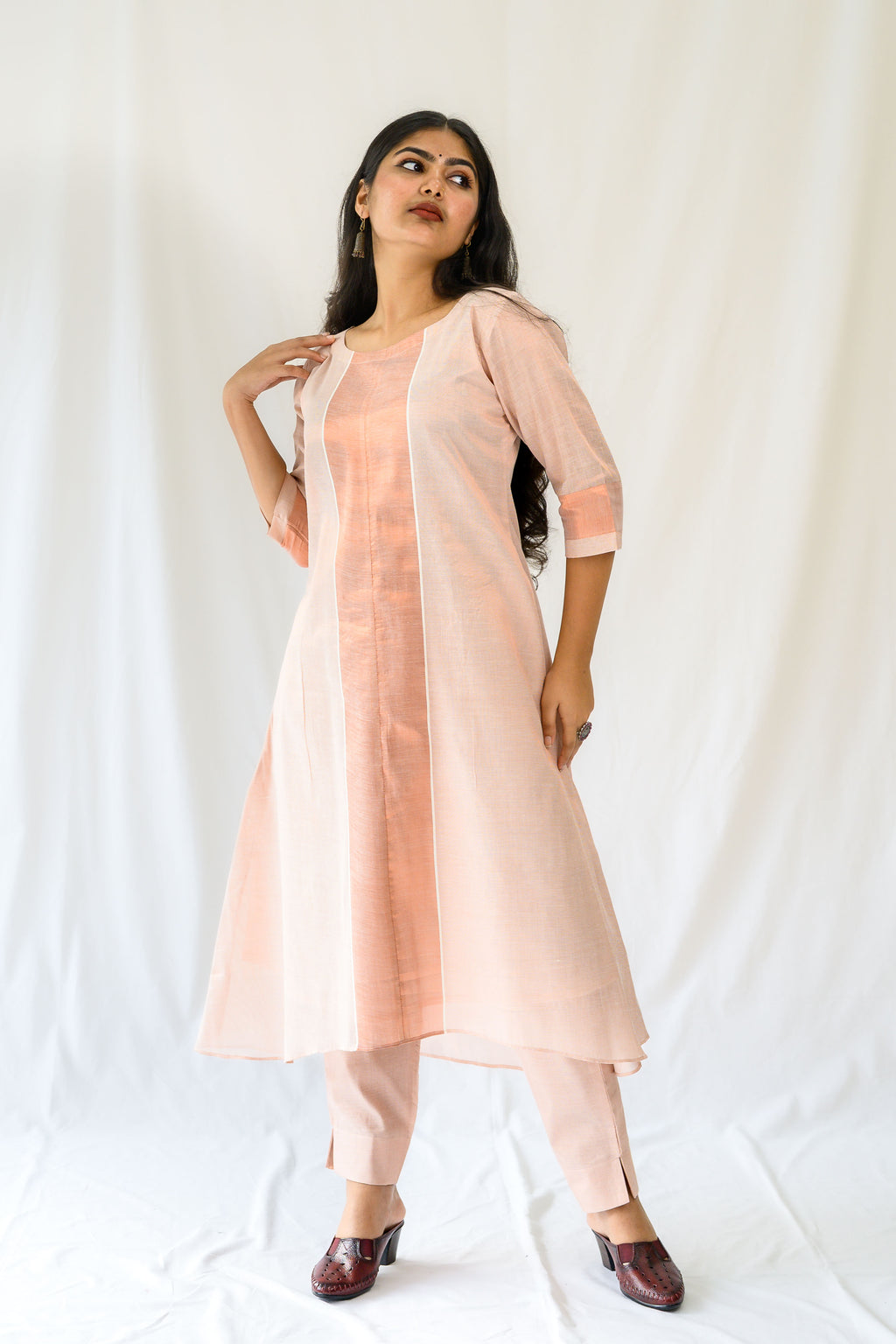 Kasavu Elegance Copper Tissue High Low Kurta