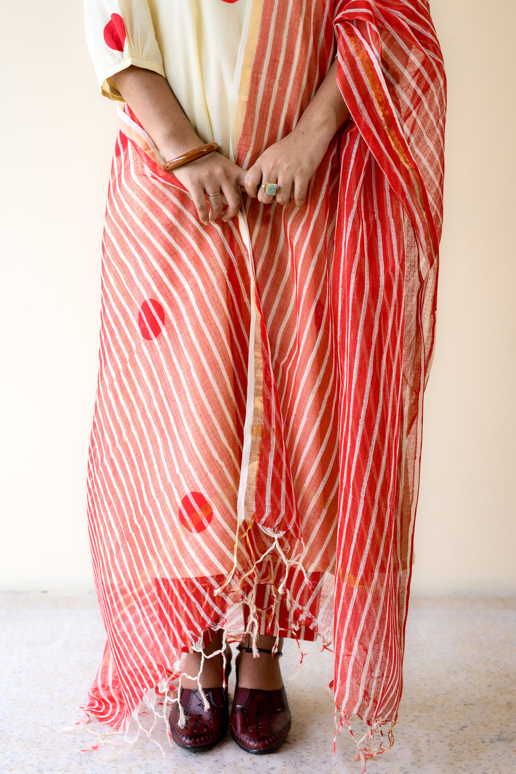 Set of 2- Red Polkas on Cream Kurta & Pants Set