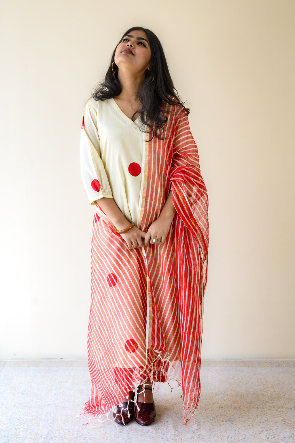 Set of 2- Red Polkas on Cream Kurta & Pants Set