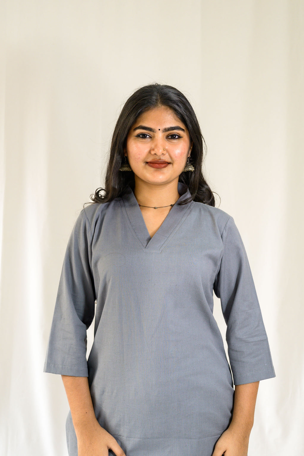 Set of 2- Grey Cotton Flax Collar Neck Kurta & Pants Set