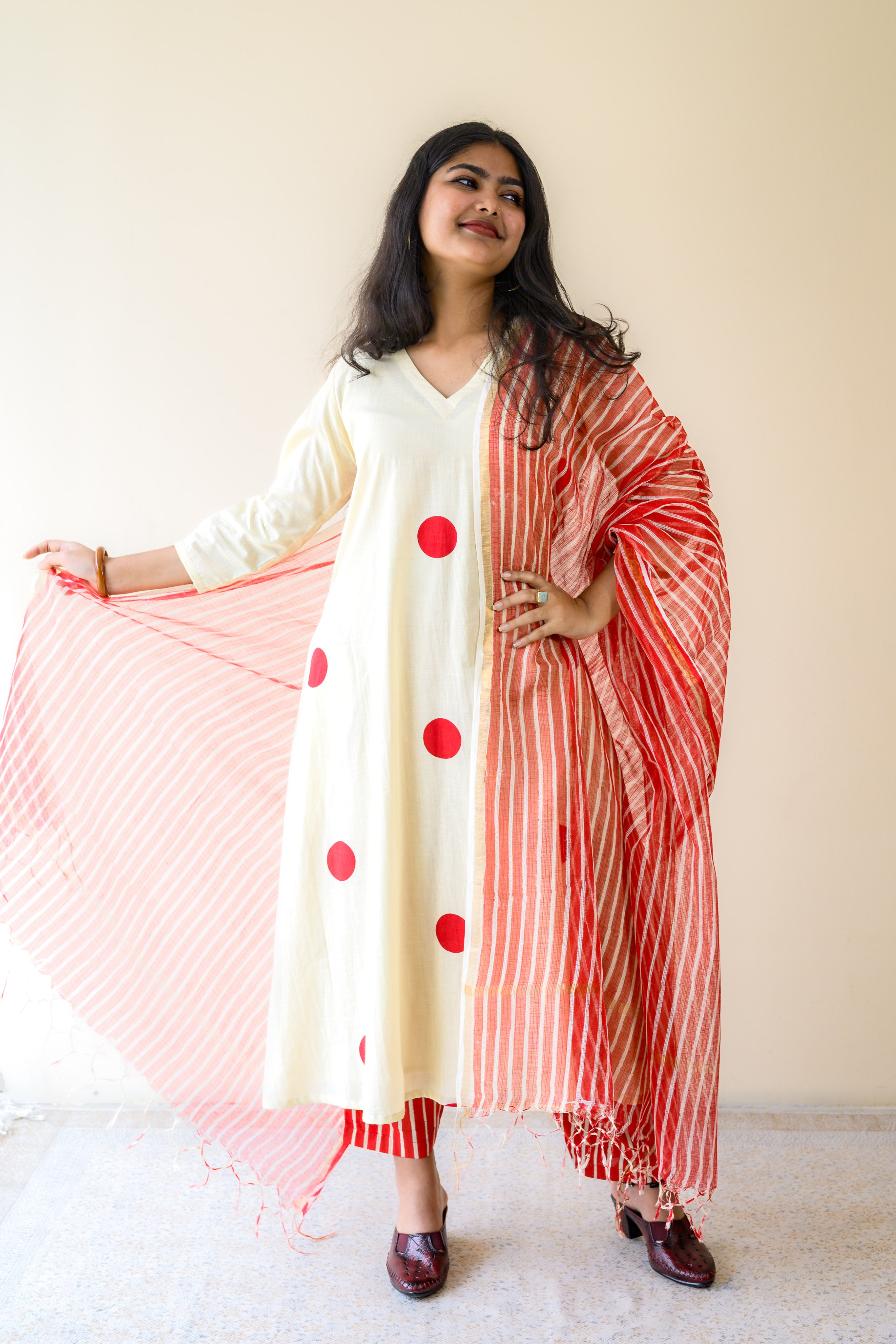 Set of 2- Red Polkas on Cream Kurta & Pants Set