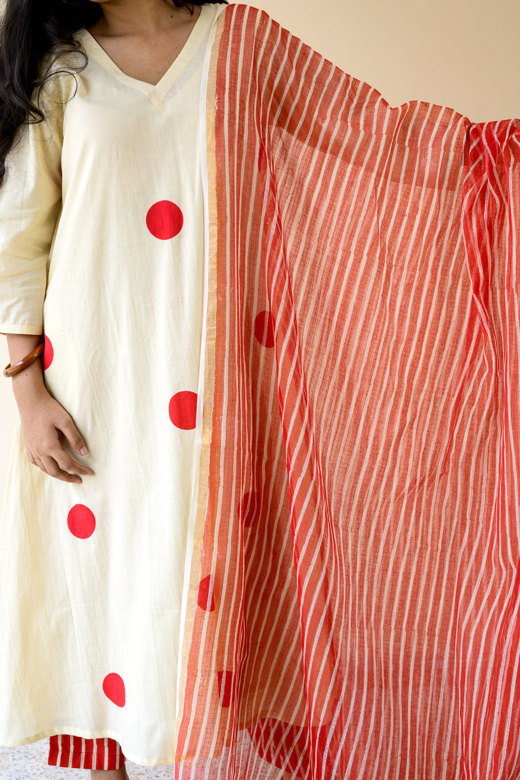 Red Stripes on Cream Sanganeri Kota Doria Dupatta
