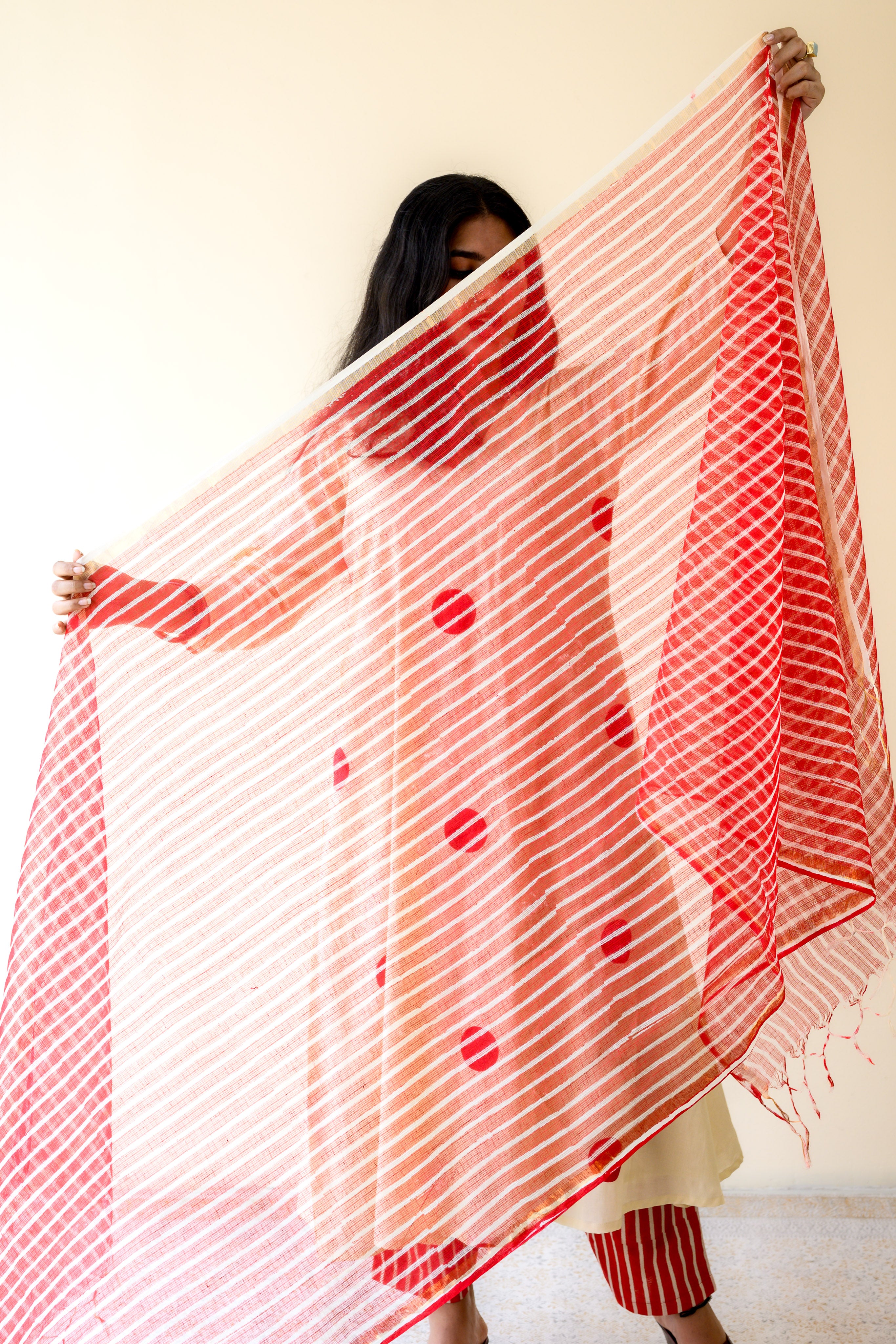 Red Stripes on Cream Sanganeri Kota Doria Dupatta