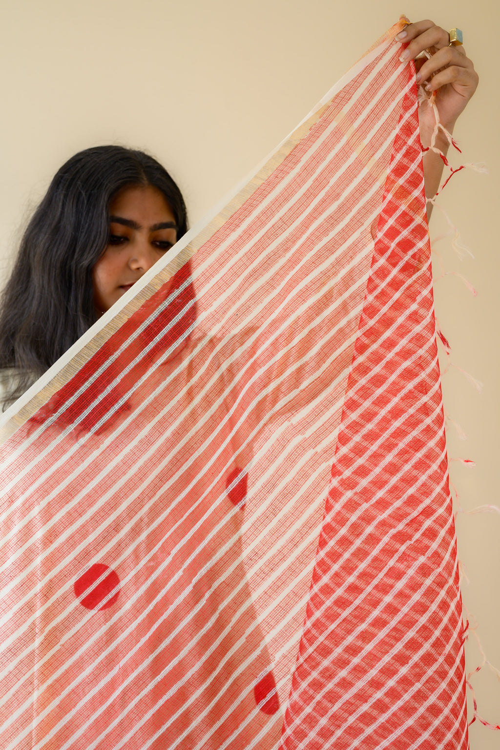 Red Stripes on Cream Sanganeri Kota Doria Dupatta