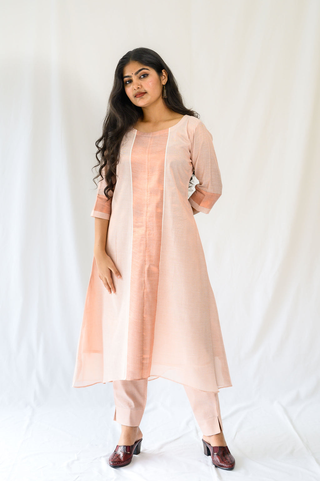 Kasavu Elegance Copper Tissue High Low Kurta