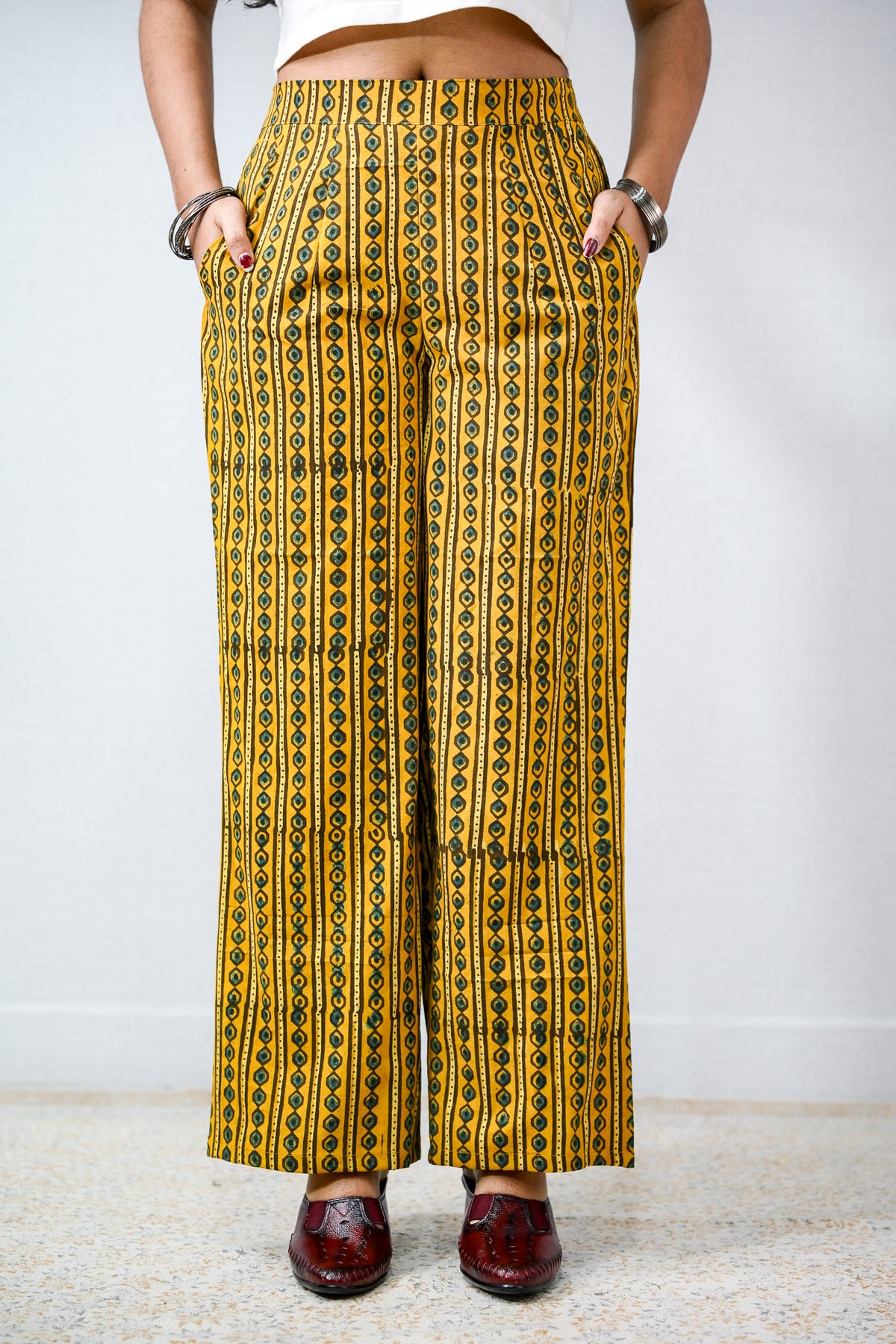 Tumeric Pant Turmeric Stripes Ajrakh Pure Cotton Parallel Pants- Lobha Deepthis