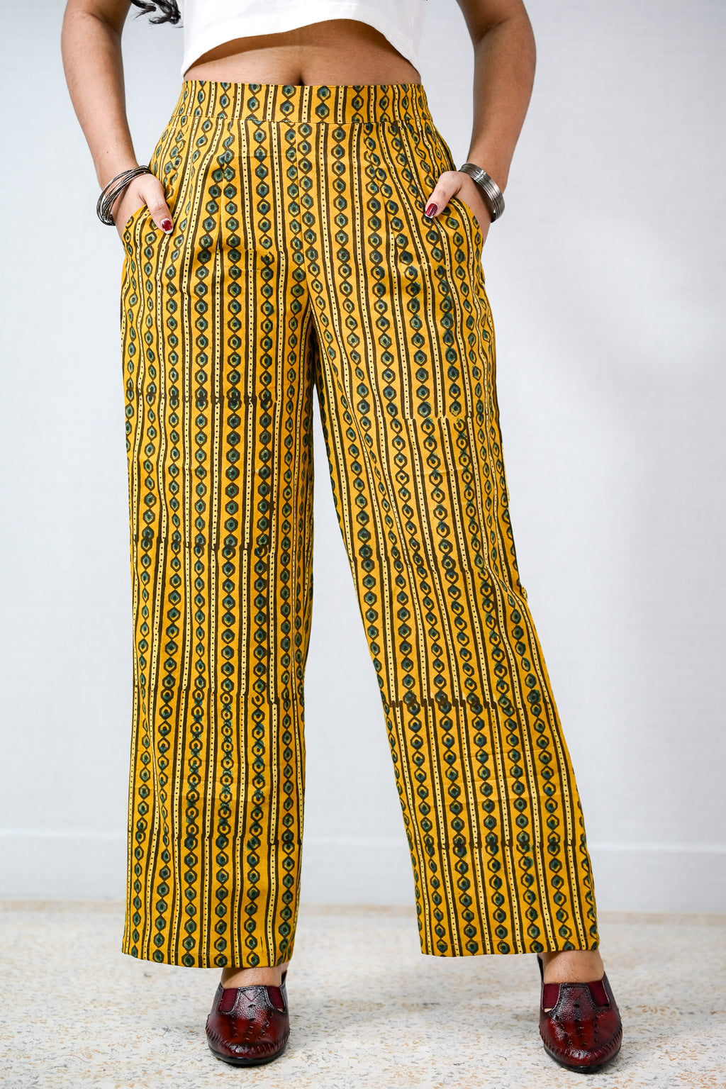Tumeric Pant Turmeric Stripes Ajrakh Pure Cotton Parallel Pants- Lobha Deepthis