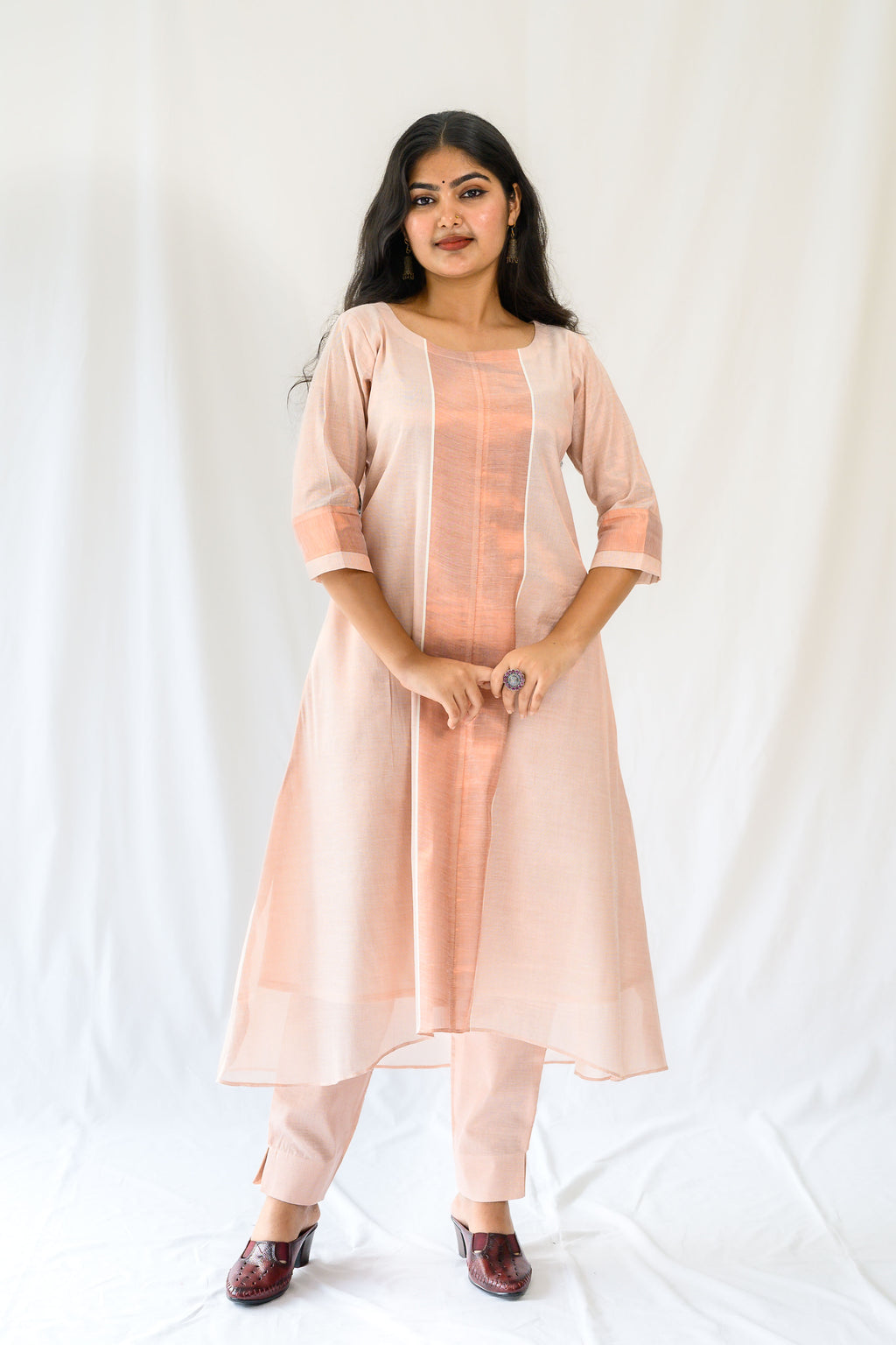 Kasavu Elegance Copper Tissue High Low Kurta