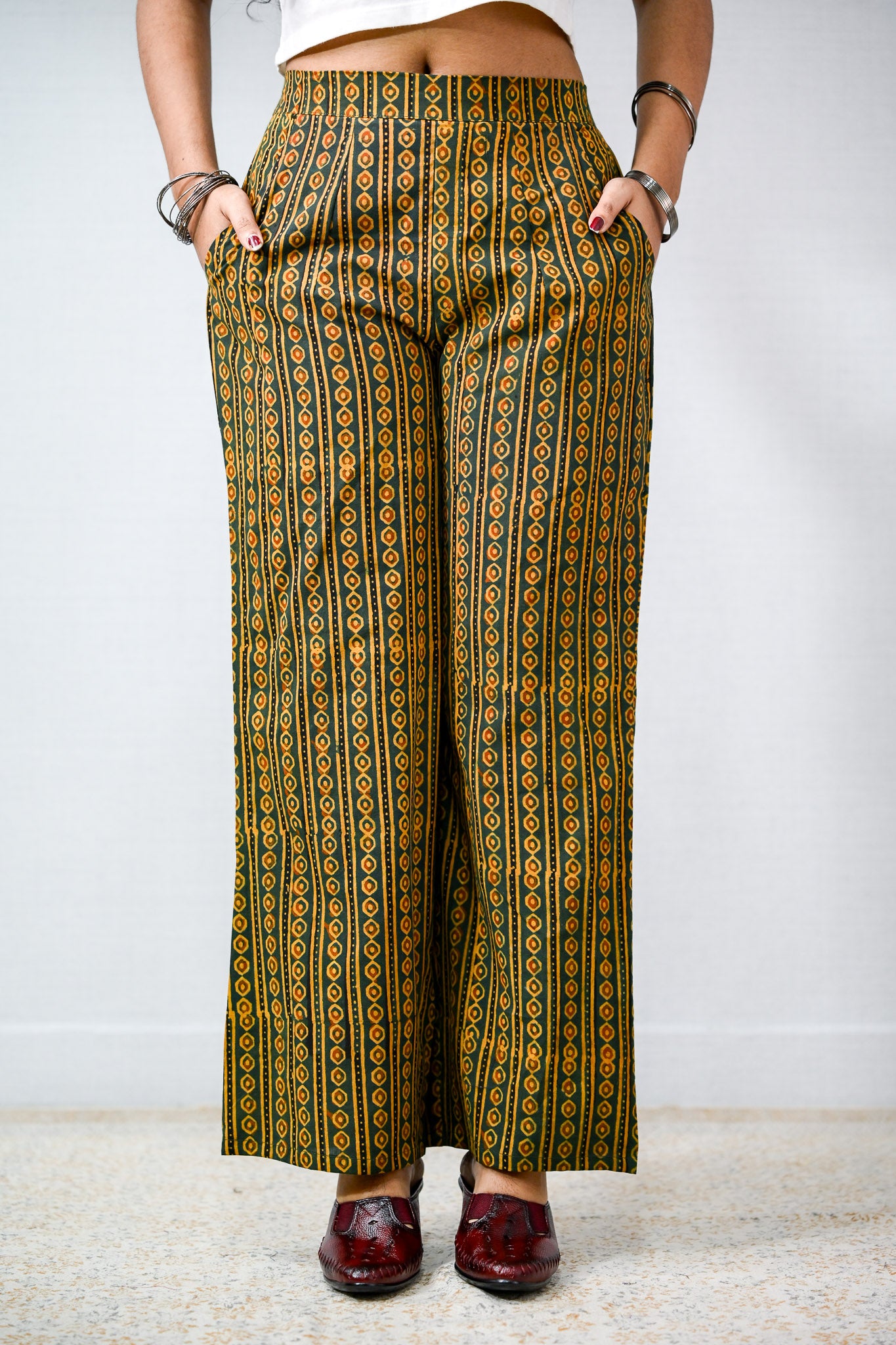 Pearl Stripes Green Ajrakh Parallel Pants