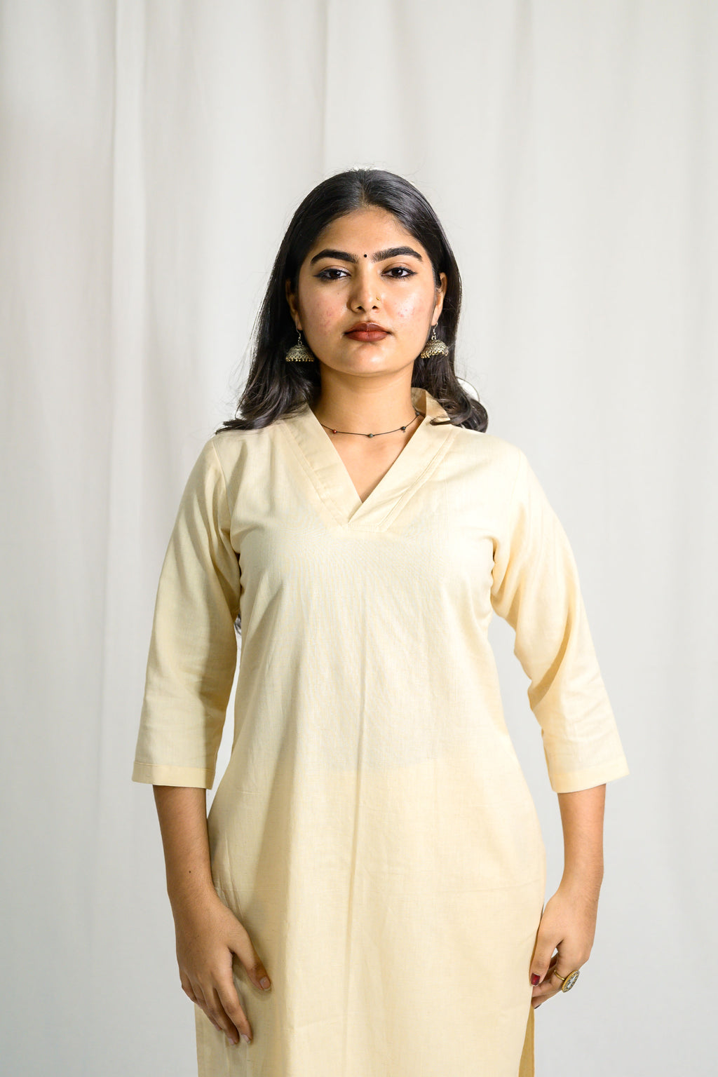 Set of 2- Cream Cotton Flax Collar Neck Kurta & Pants Set