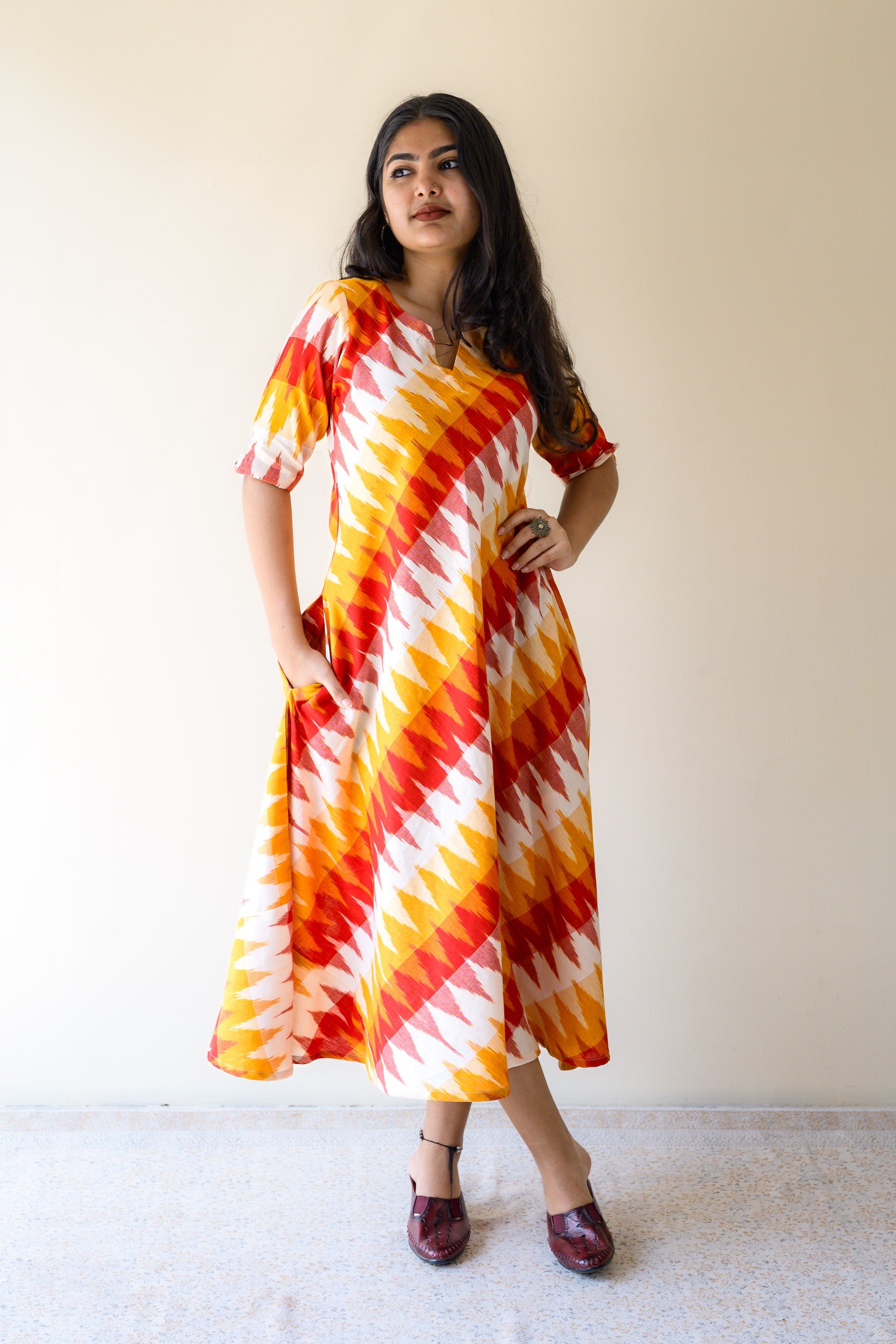 Saffron & Snow Ikkat Cotton Cross Cut Dress