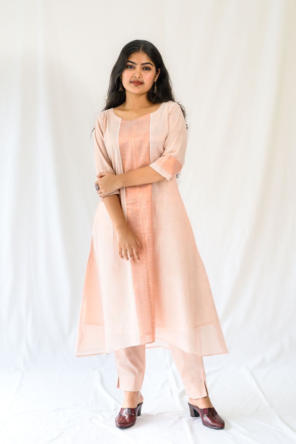 Kasavu Elegance Copper Tissue High Low Kurta