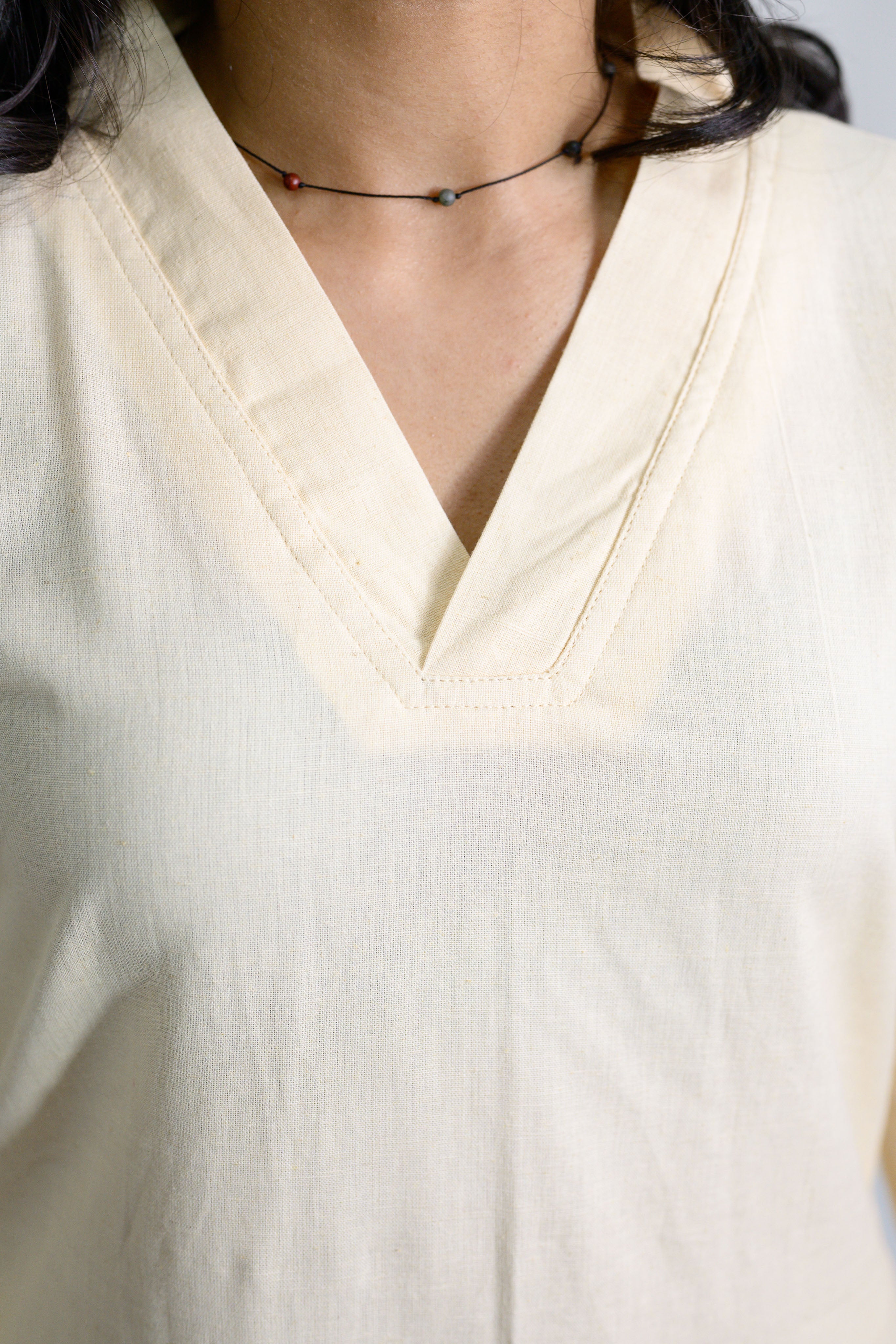 Set of 2- Cream Cotton Flax Collar Neck Kurta & Pants Set