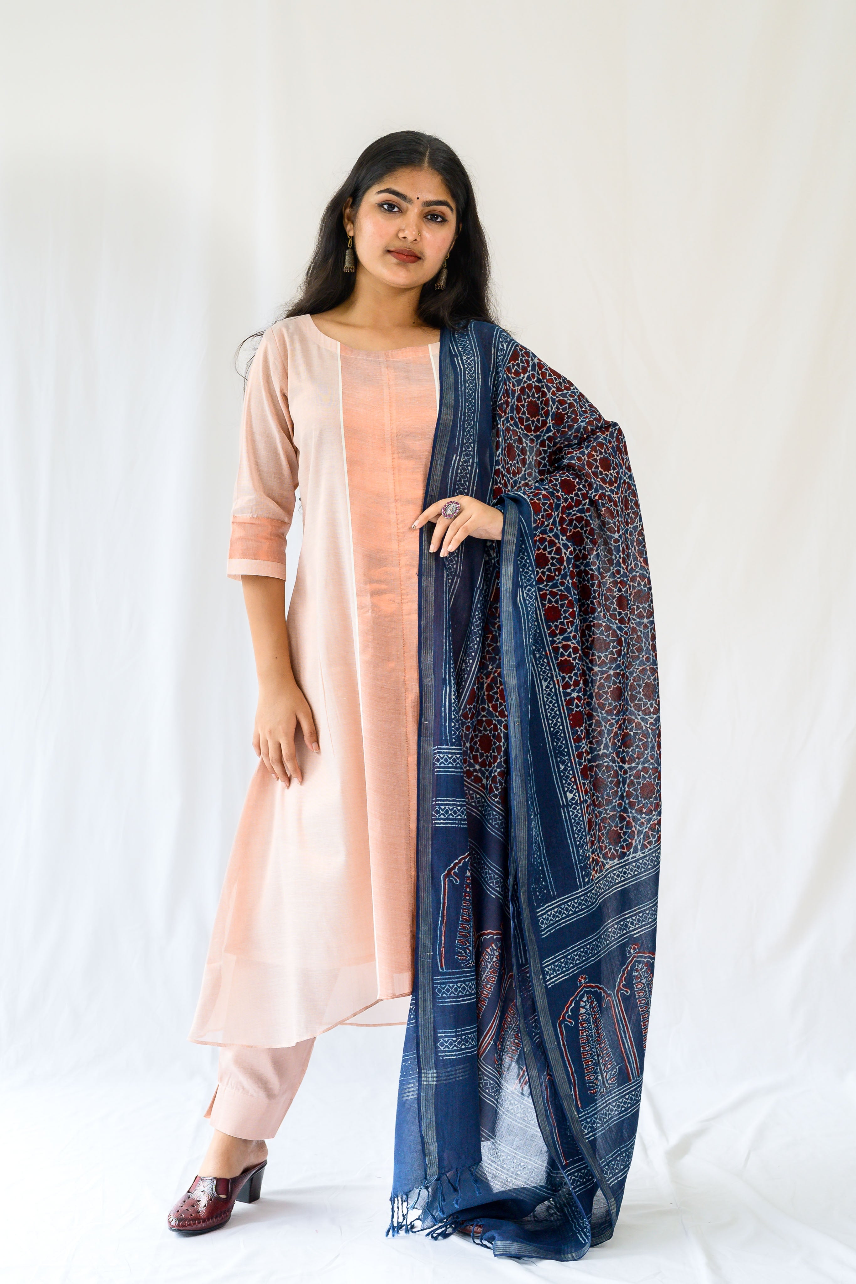Kasavu Elegance Copper Tissue High Low Kurta