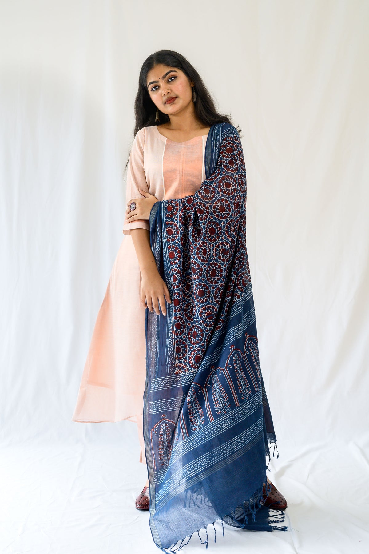 Dark Indigo Pine Florals Ajrakh Cotton Dupatta