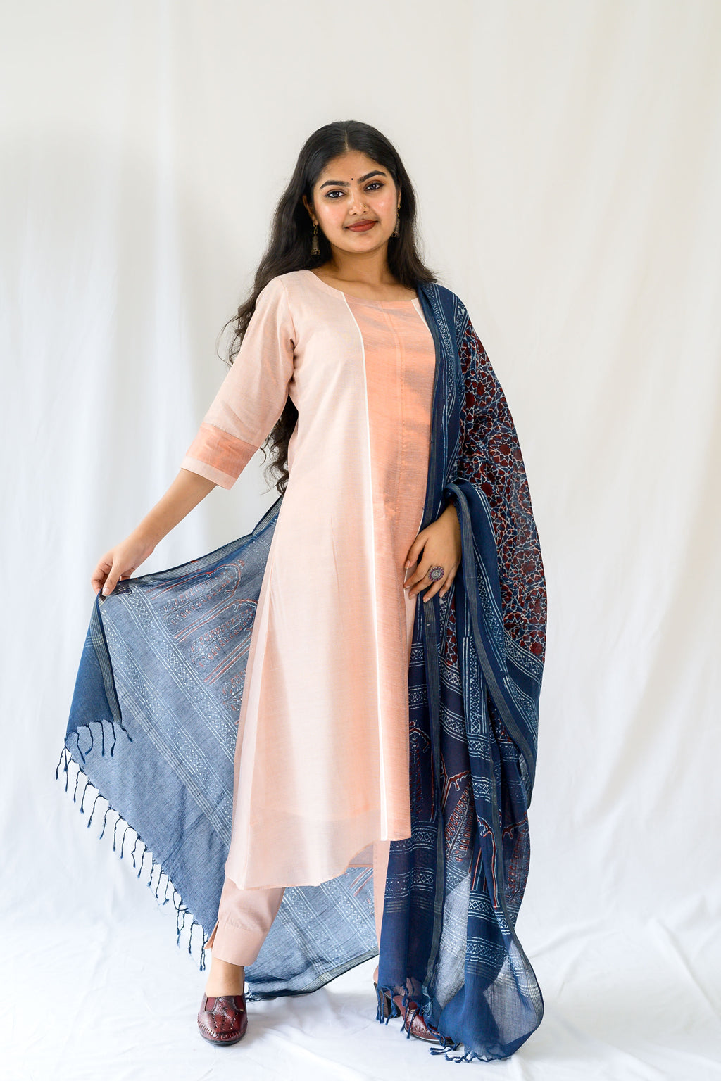 Kasavu Elegance Copper Tissue High Low Kurta