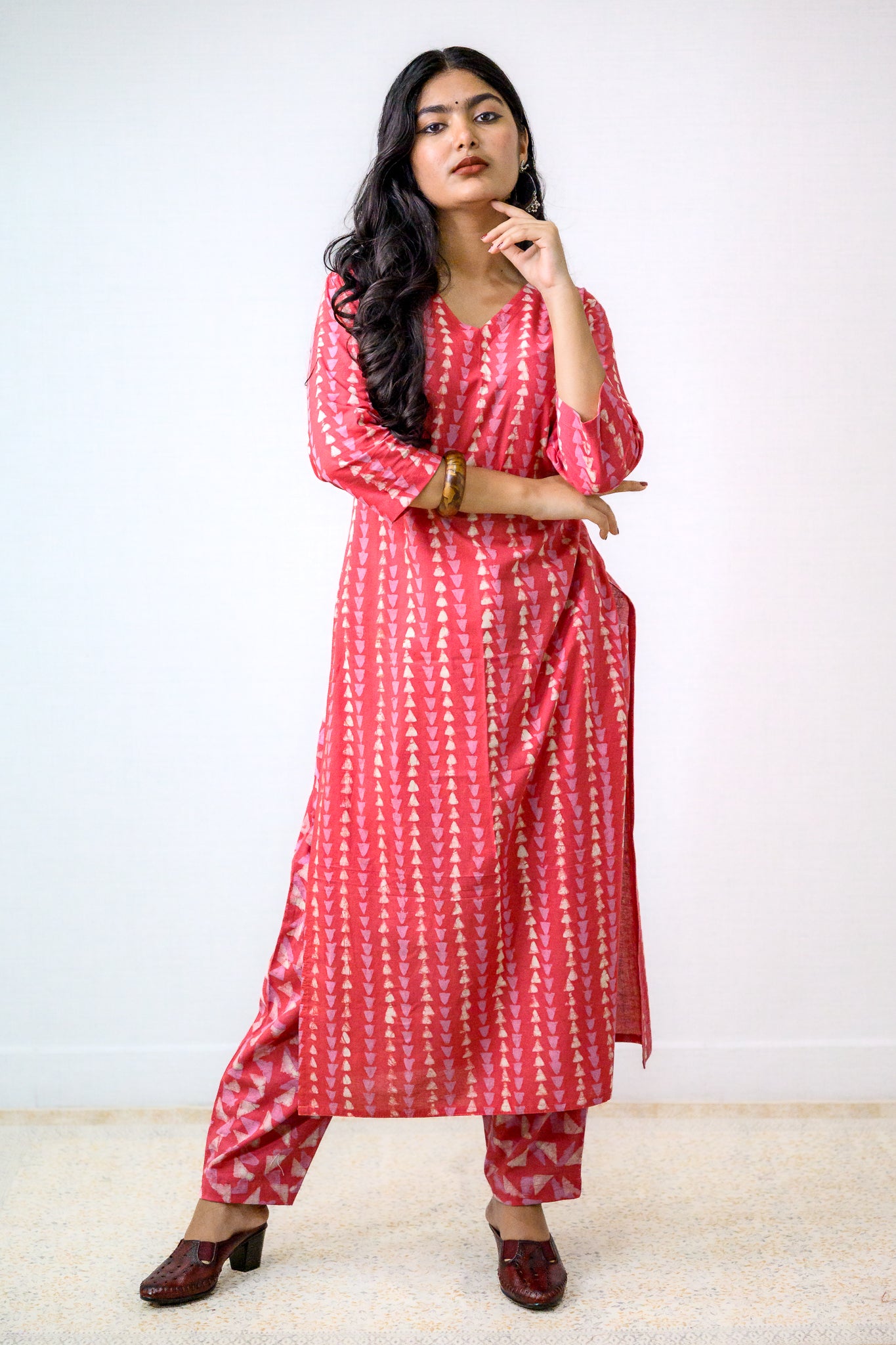 Set of 2- Peach Pink Bagru Straight Kurta & Pants