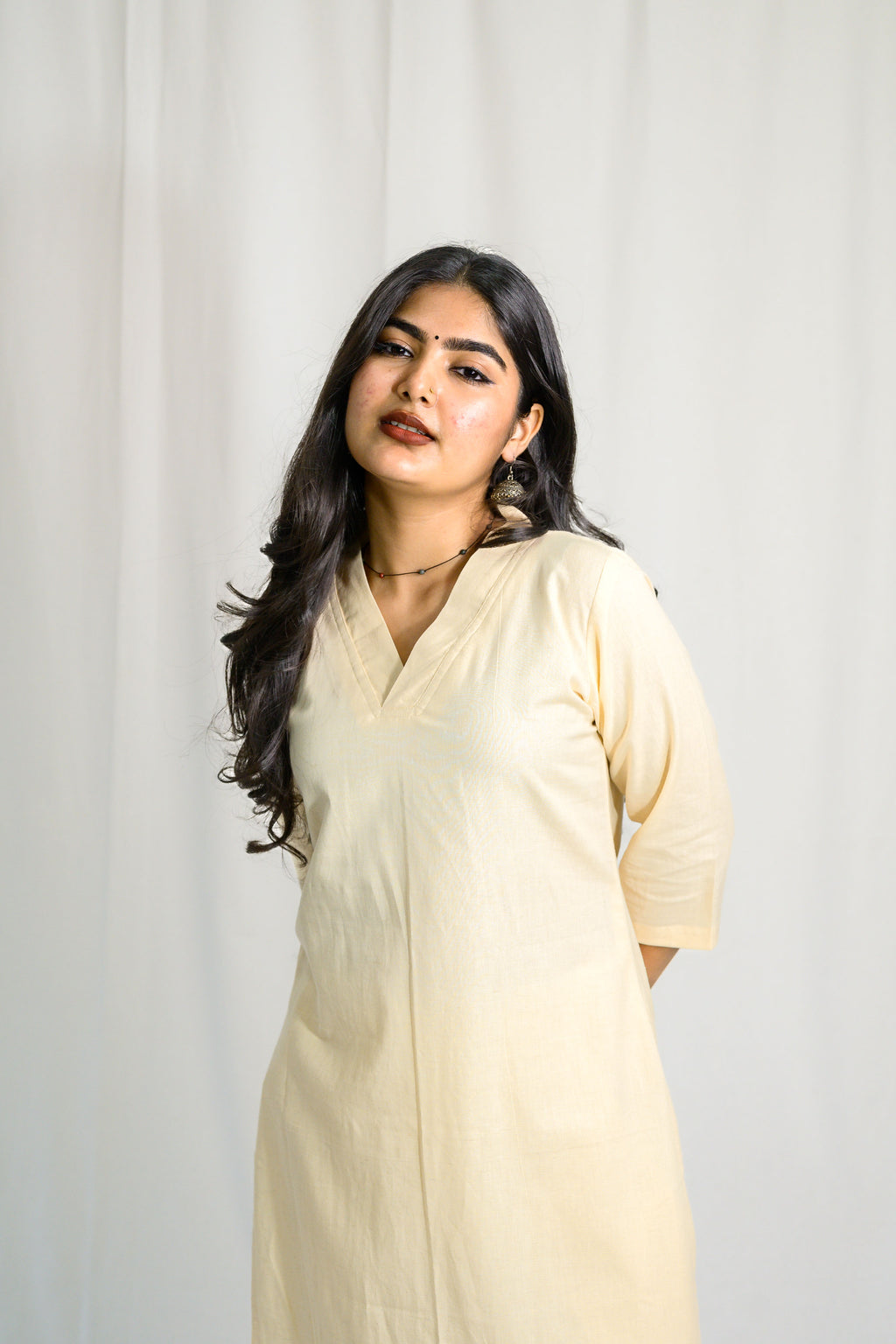 Set of 2- Cream Cotton Flax Collar Neck Kurta & Pants Set