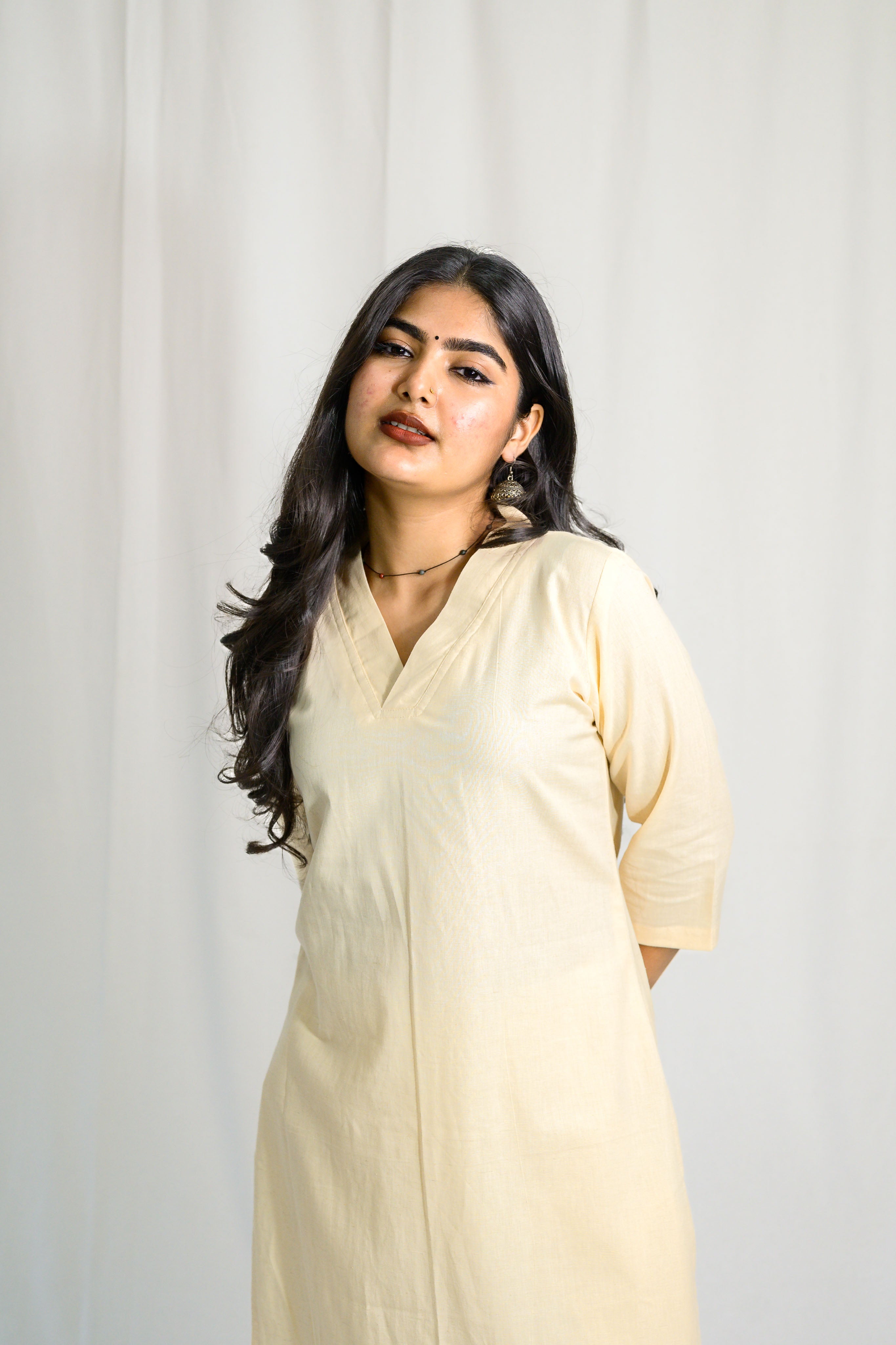 Set of 2- Cream Cotton Flax Collar Neck Kurta & Pants Set
