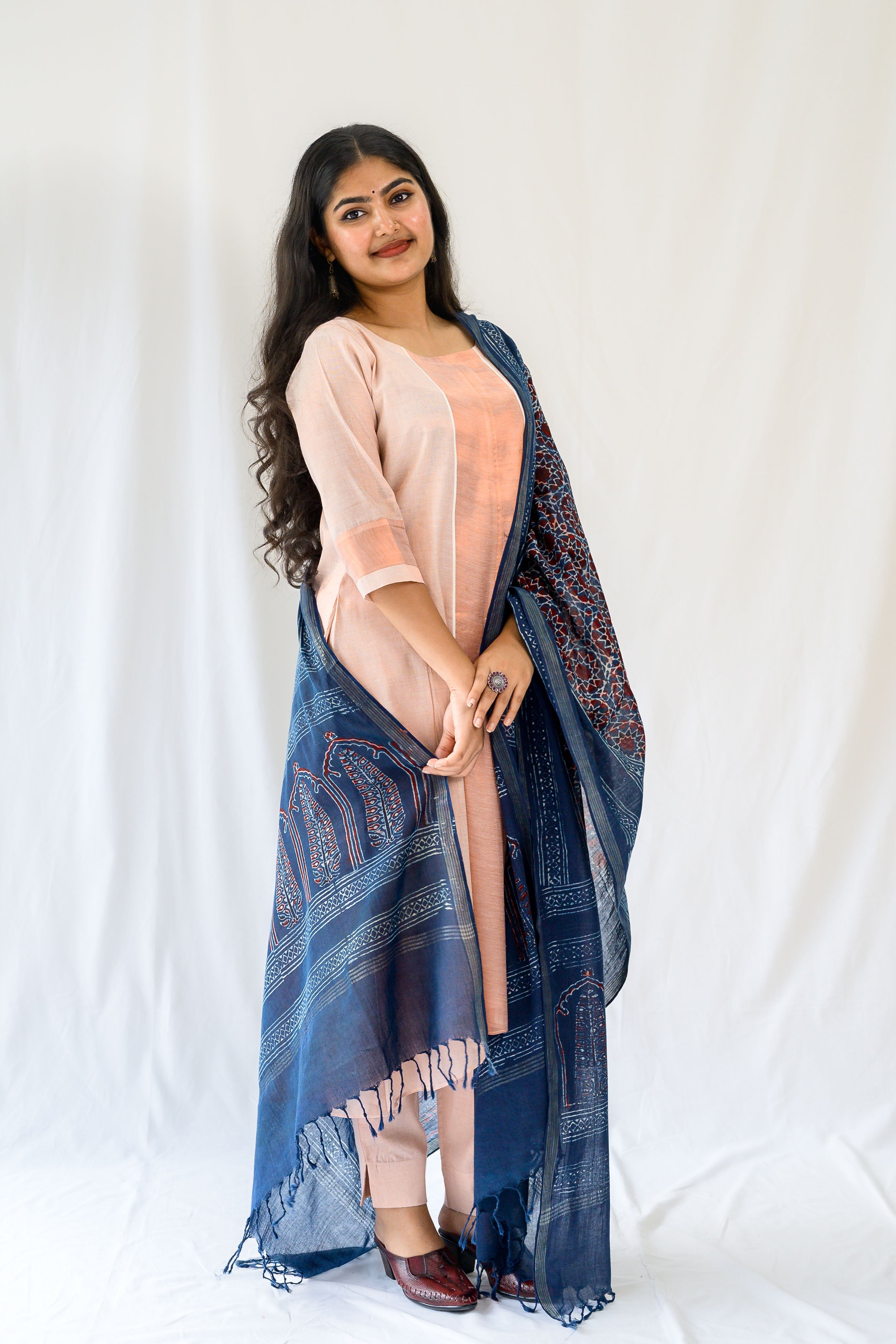 Kasavu Elegance Copper Tissue High Low Kurta