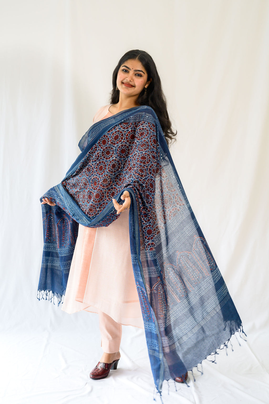 Dark Indigo Pine Florals Ajrakh Cotton Dupatta