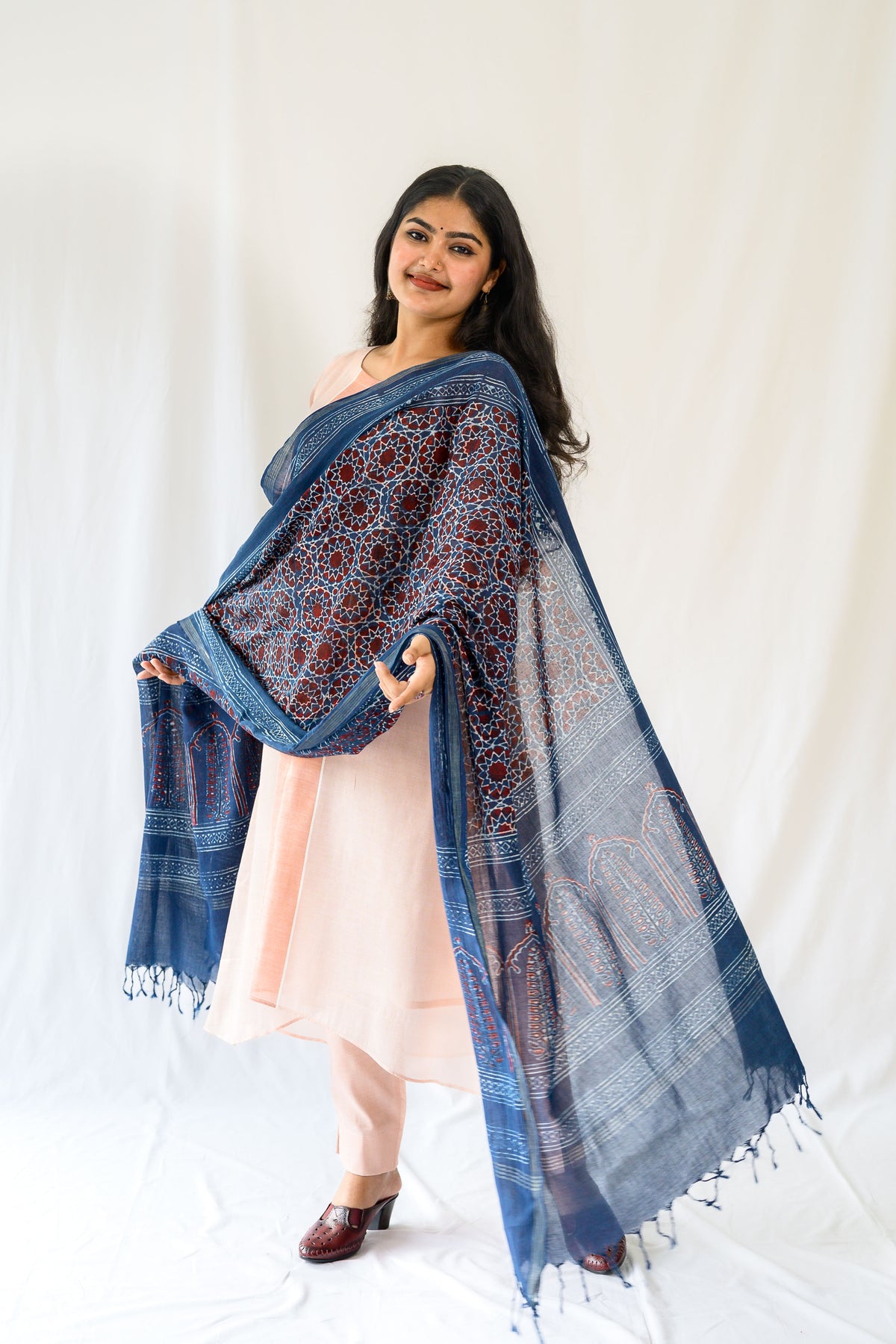 Dark Indigo Pine Florals Ajrakh Cotton Dupatta