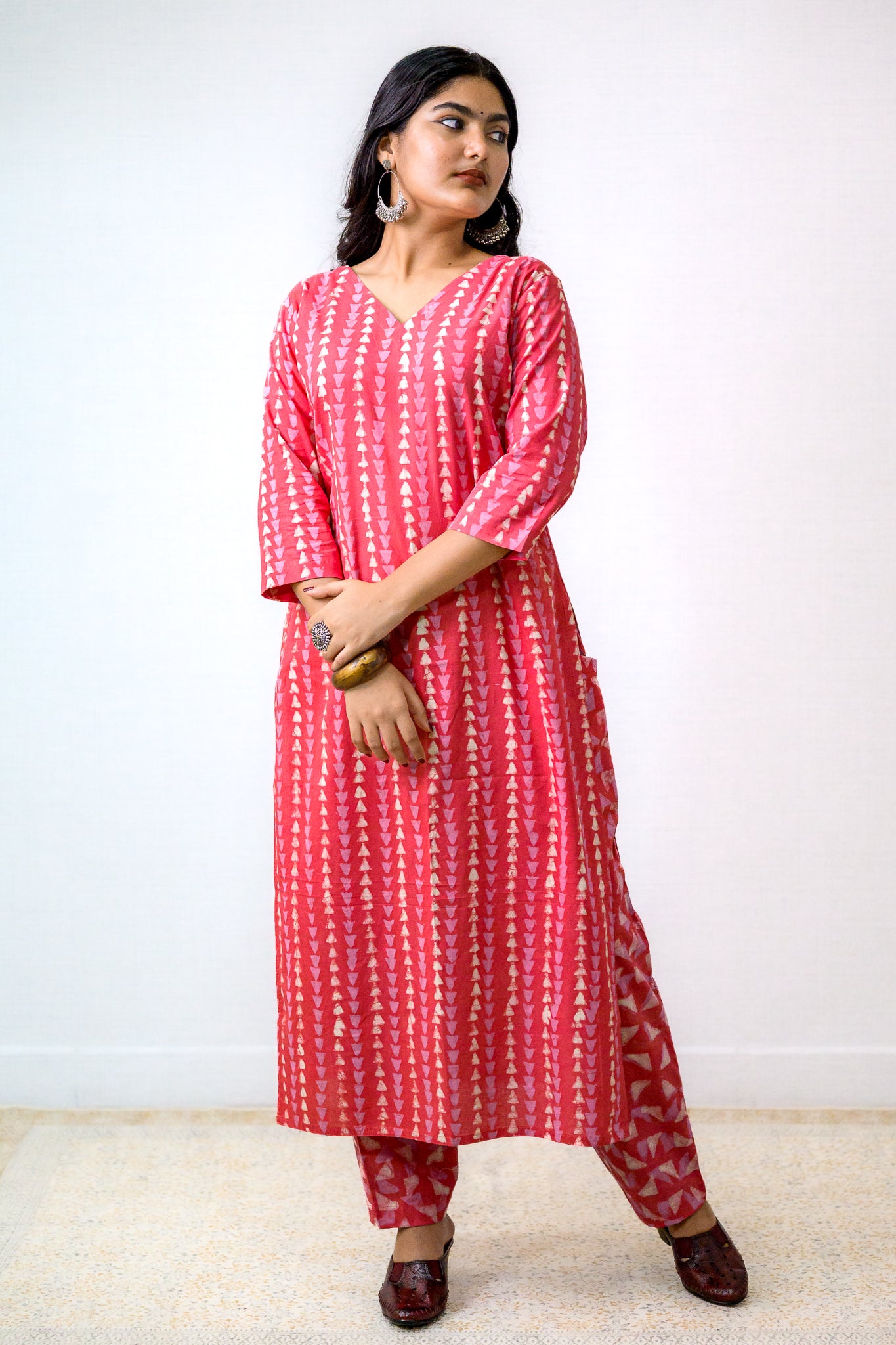 Set of 2- Peach Pink Bagru Straight Kurta & Pants