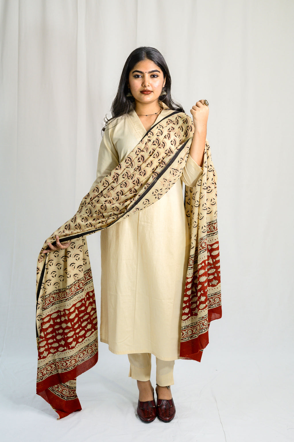 Set of 2- Cream Cotton Flax Collar Neck Kurta & Pants Set